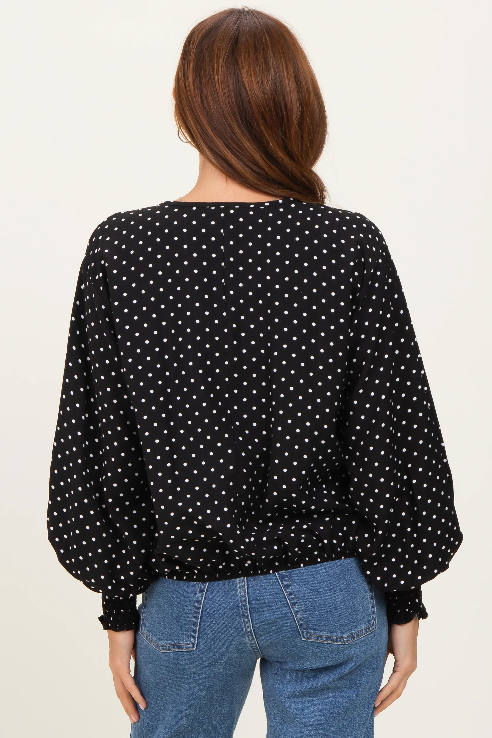 Black Polka Dot Long Sleeve Smocked Top - Image 4