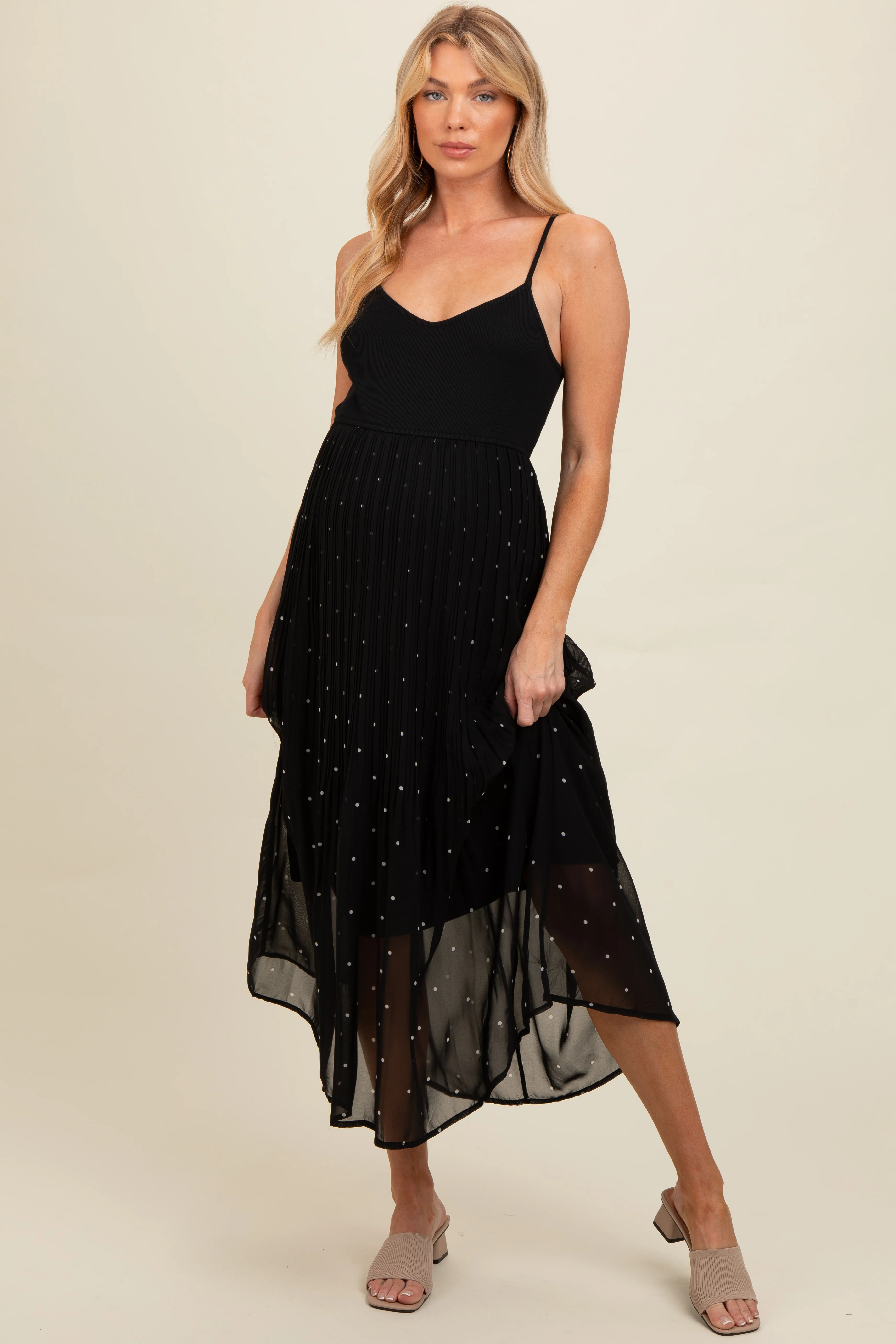 Black Polka Dot Pleated Mesh Overlay Maternity Maxi Dress - Image 3