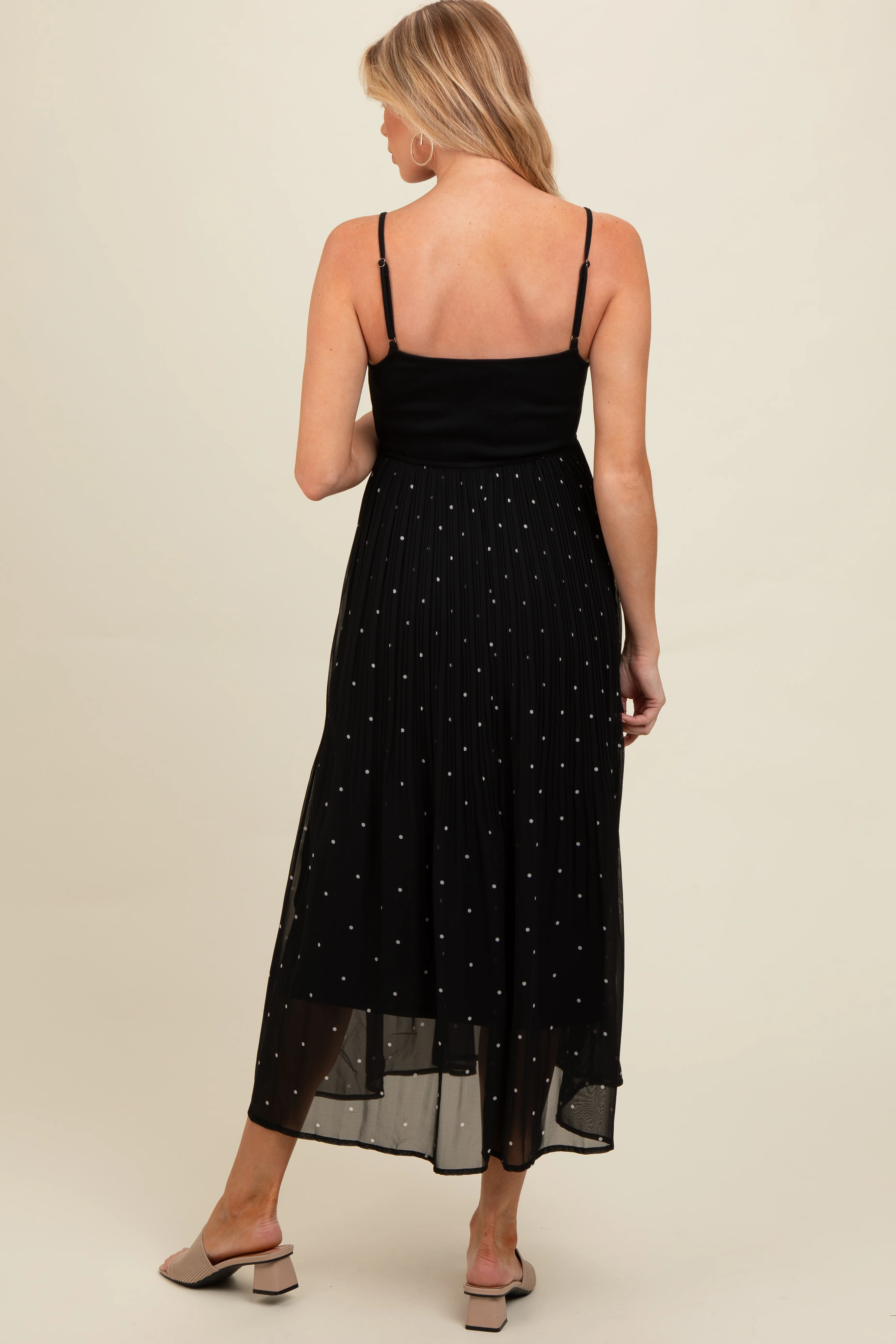 Black Polka Dot Pleated Mesh Overlay Maternity Maxi Dress - Image 4