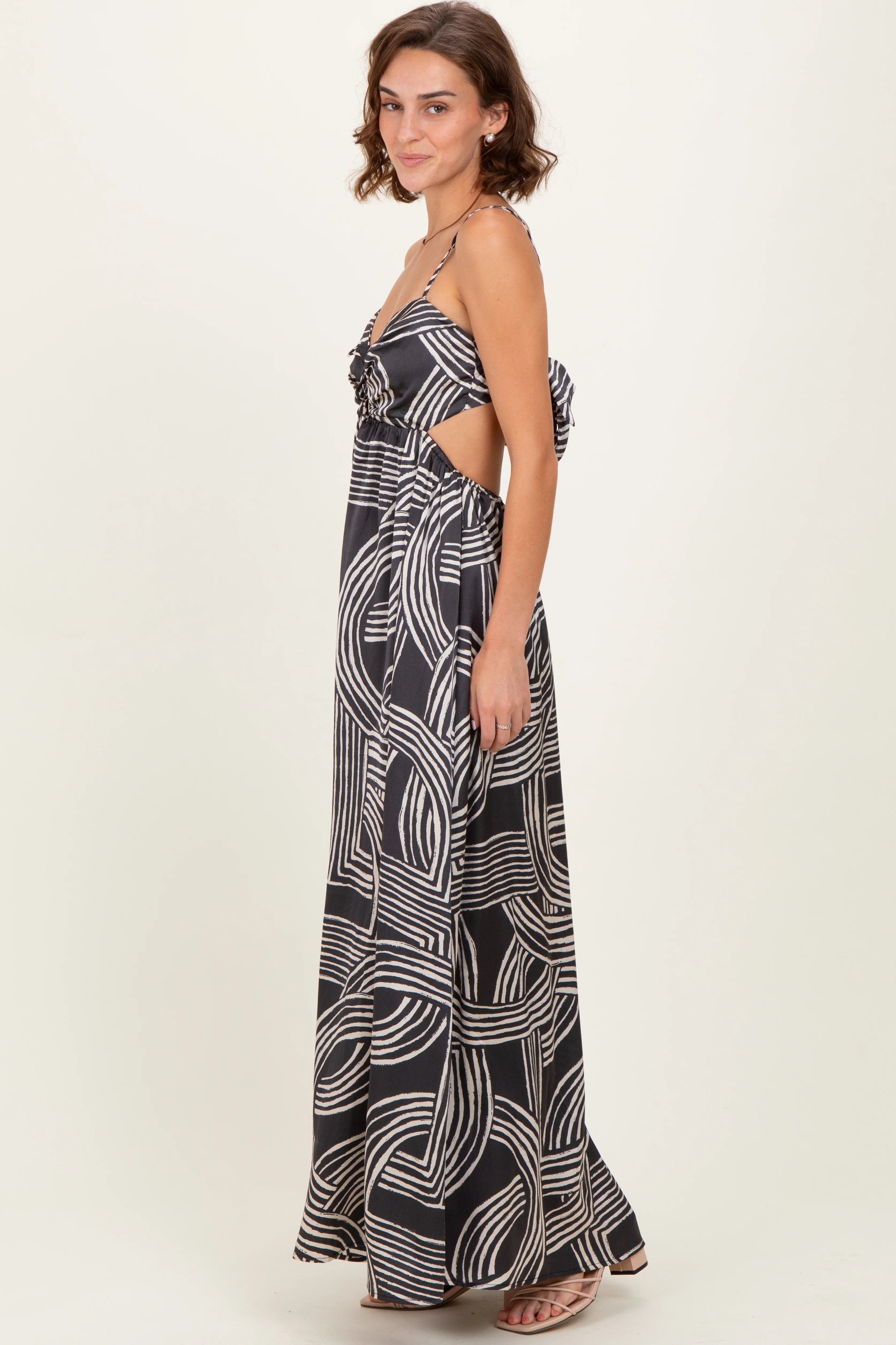 Black Printed Halter Cutout Tie Back Maxi Dress - Image 3