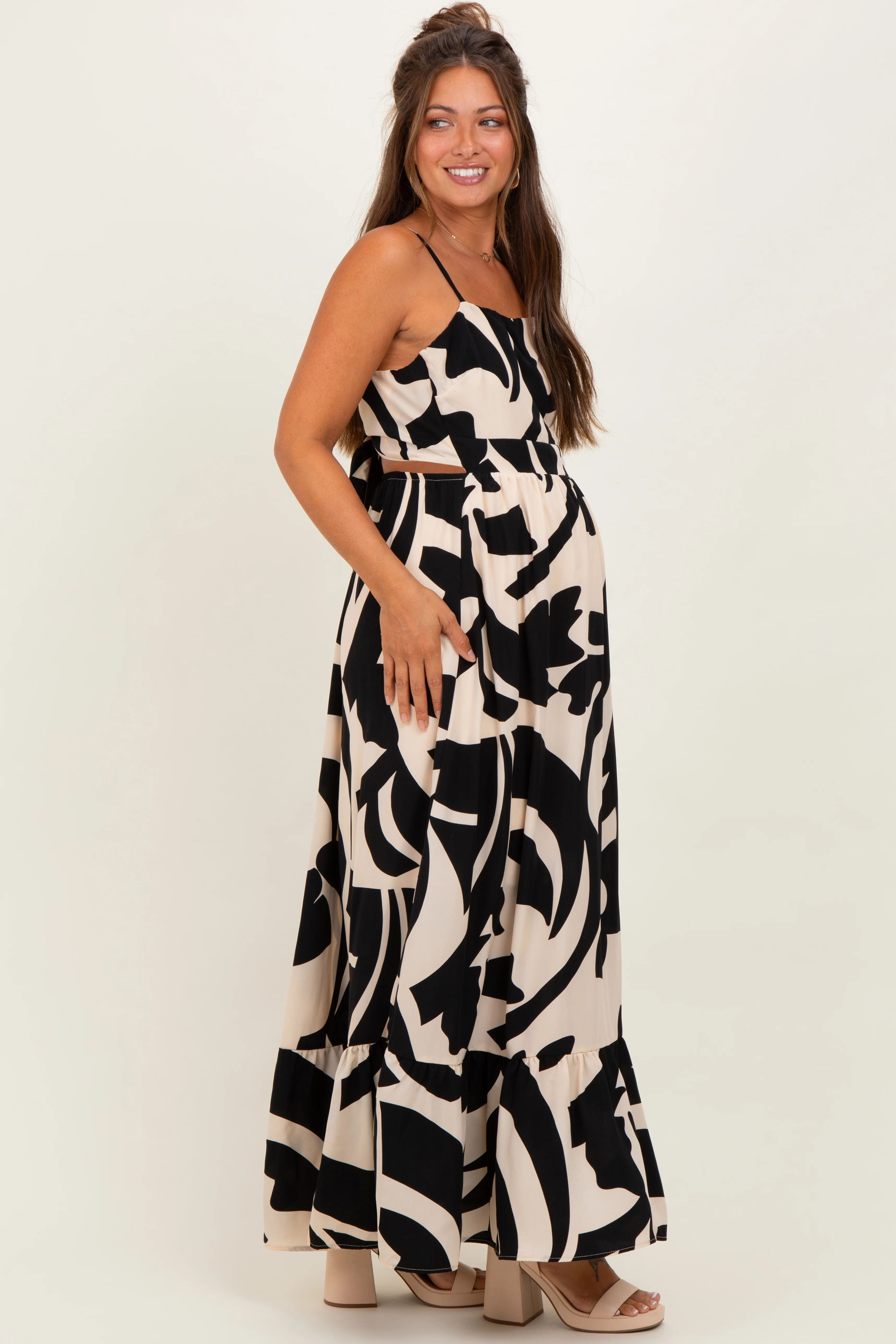 Black Printed Sleeveless Cutout Tie Back Maternity Maxi Dress - Image 3