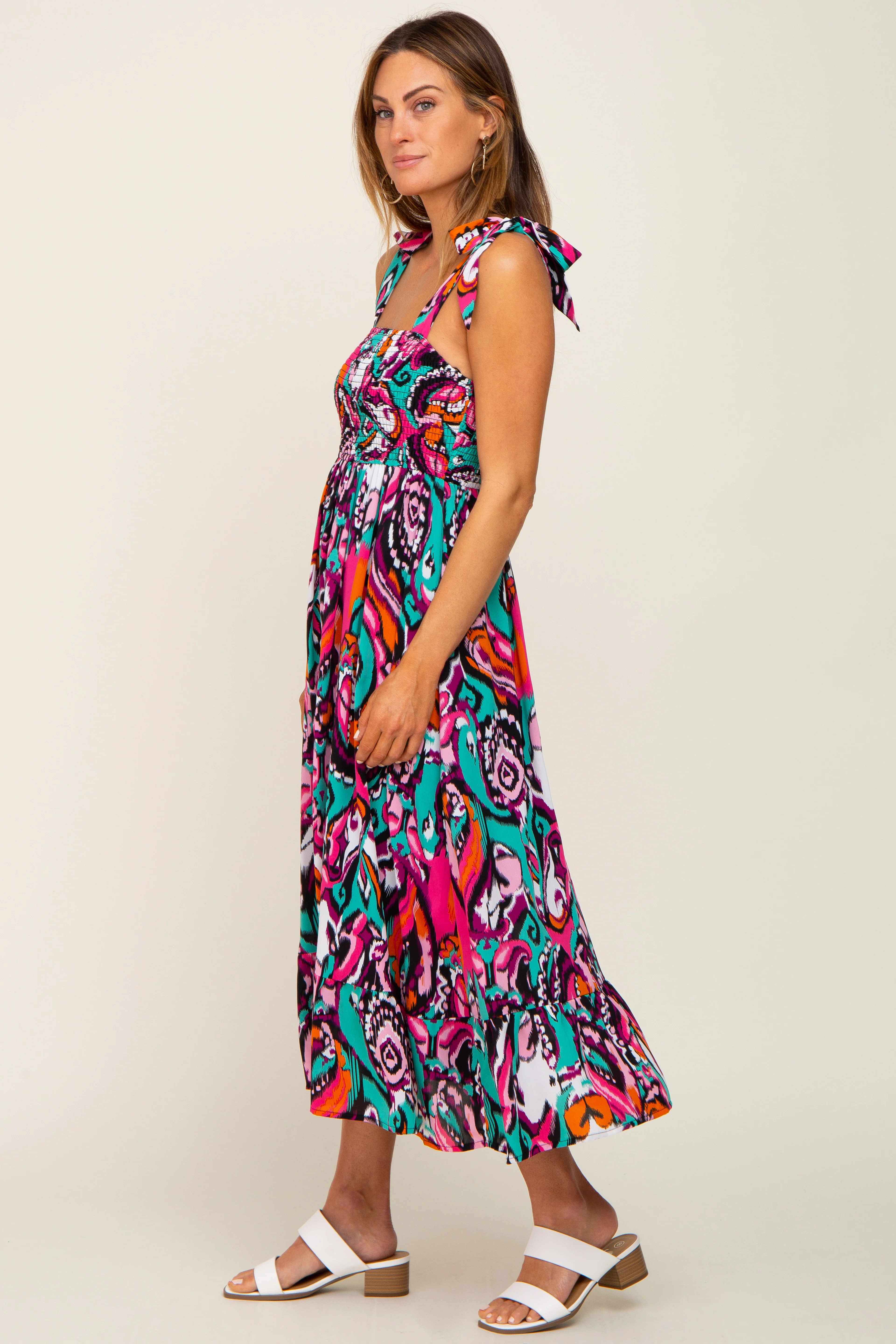 Black Printed Smocked Shoulder Tie Midi Dress - Image 2