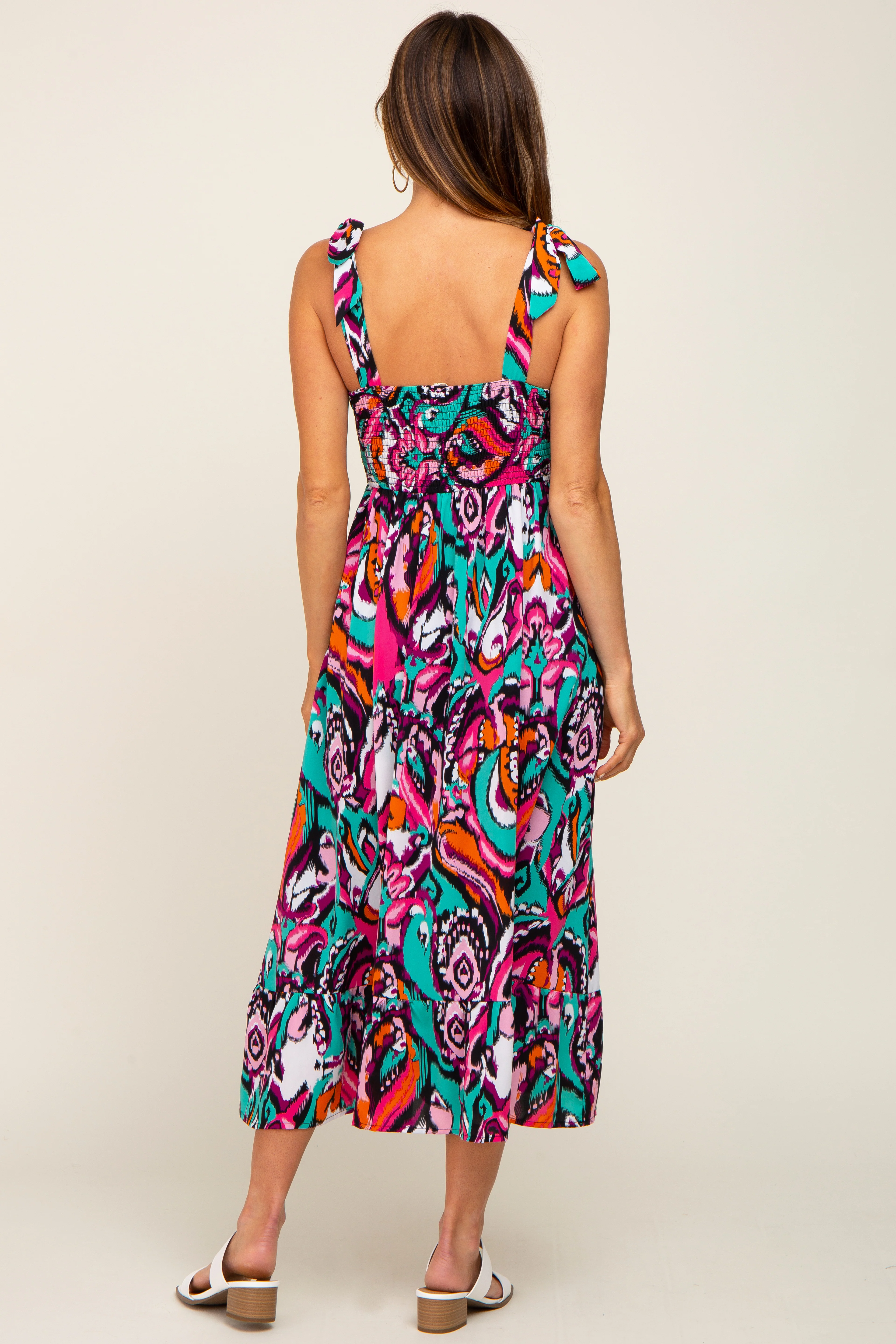 Black Printed Smocked Shoulder Tie Midi Dress - Image 3