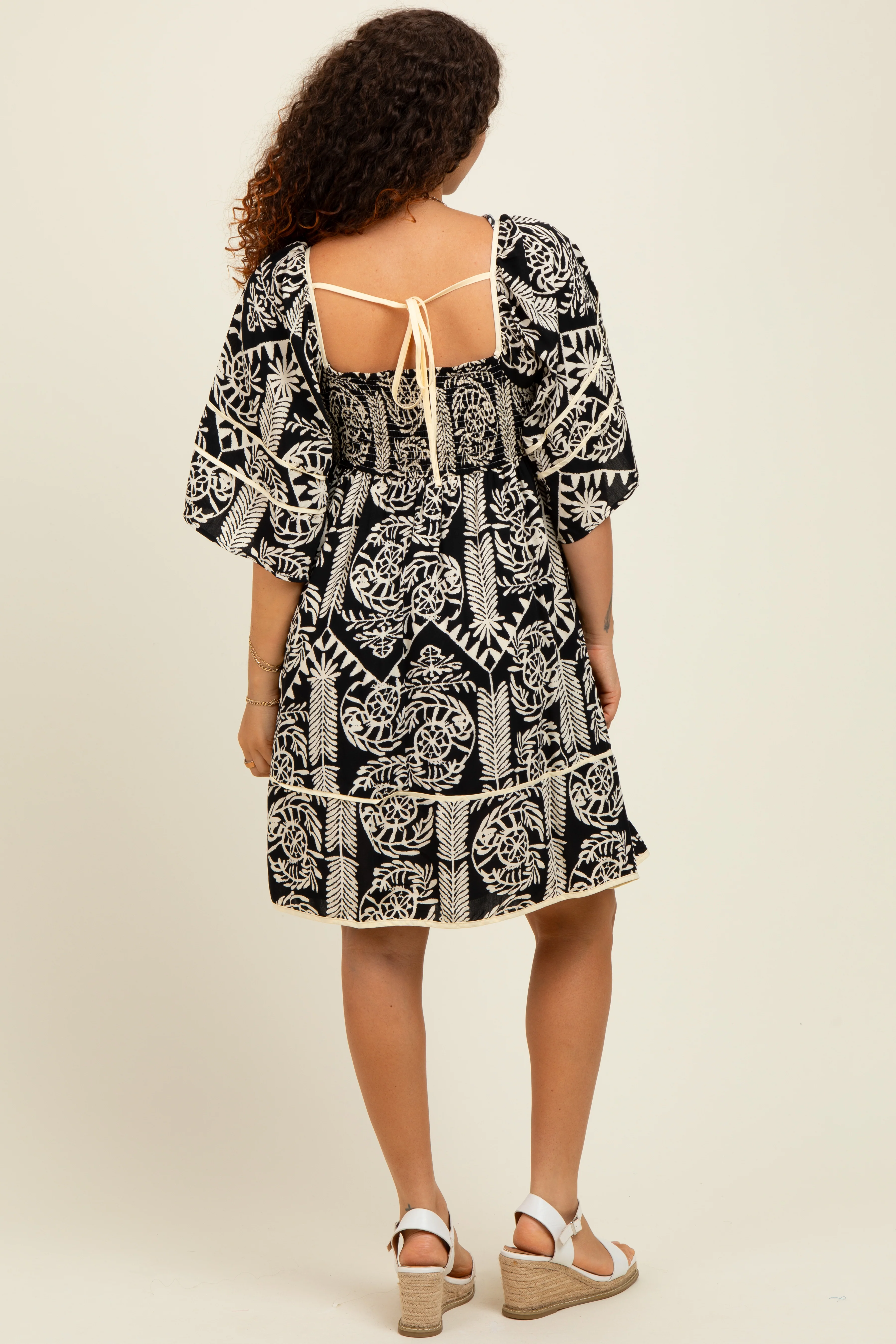Black Printed Tie Back Contrast Trim Maternity Dress - Image 3