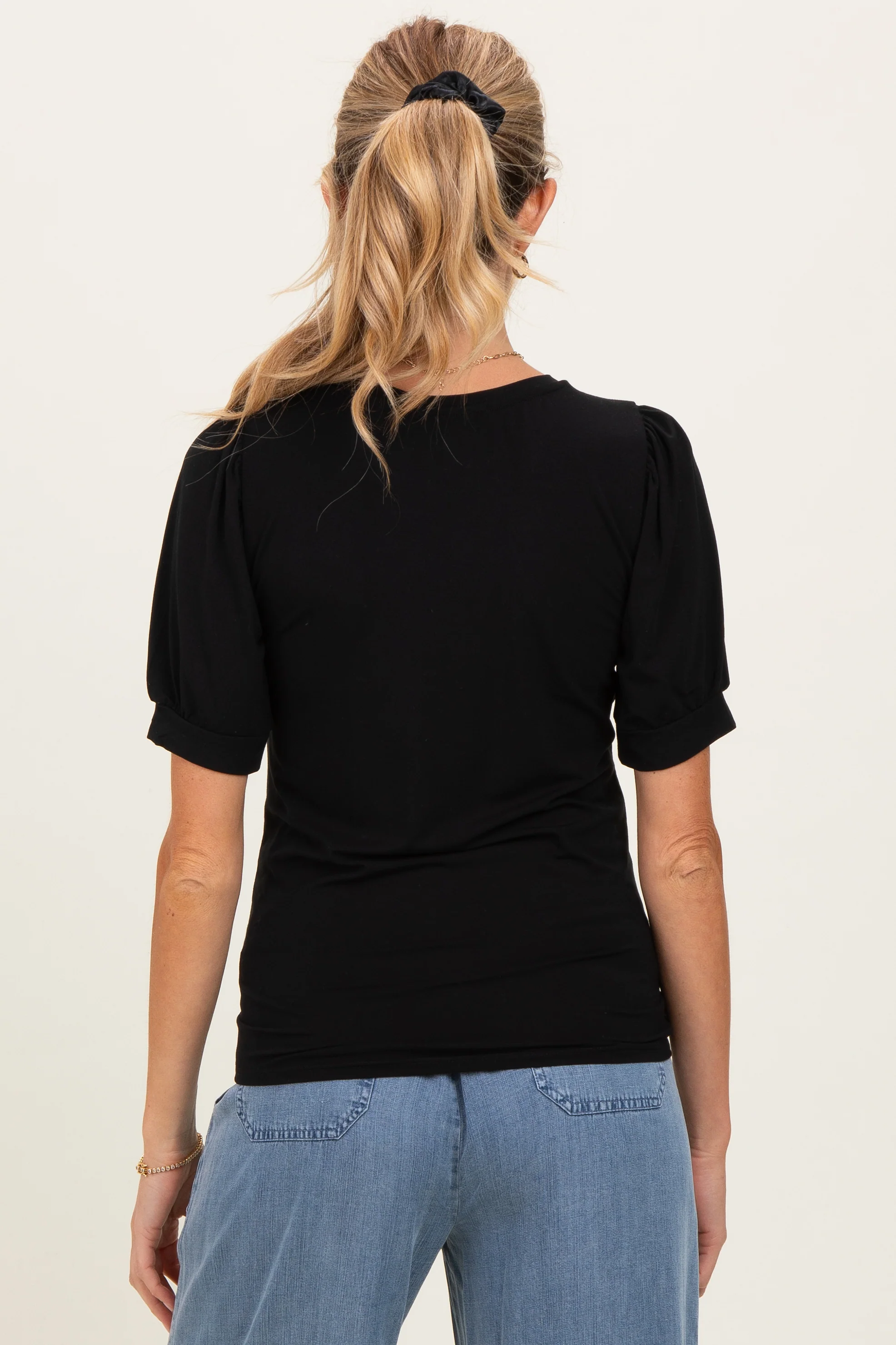 Black Puff Sleeve Basic Maternity Top - Image 4