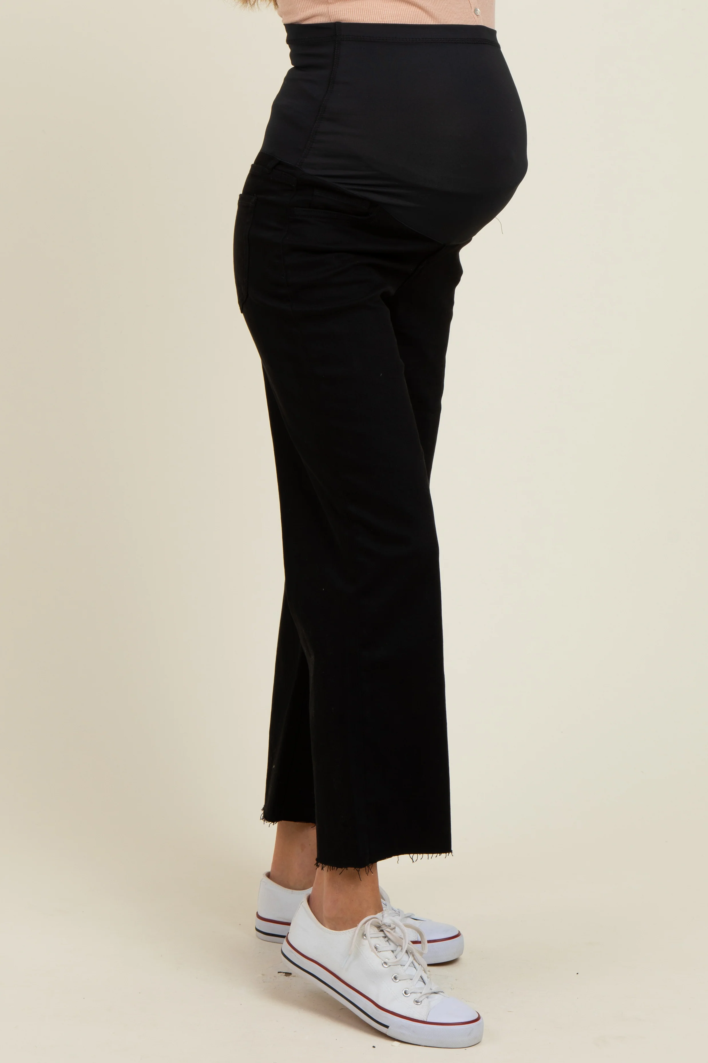 Black Raw Hem Cropped Wide Leg Maternity Jeans - Image 4