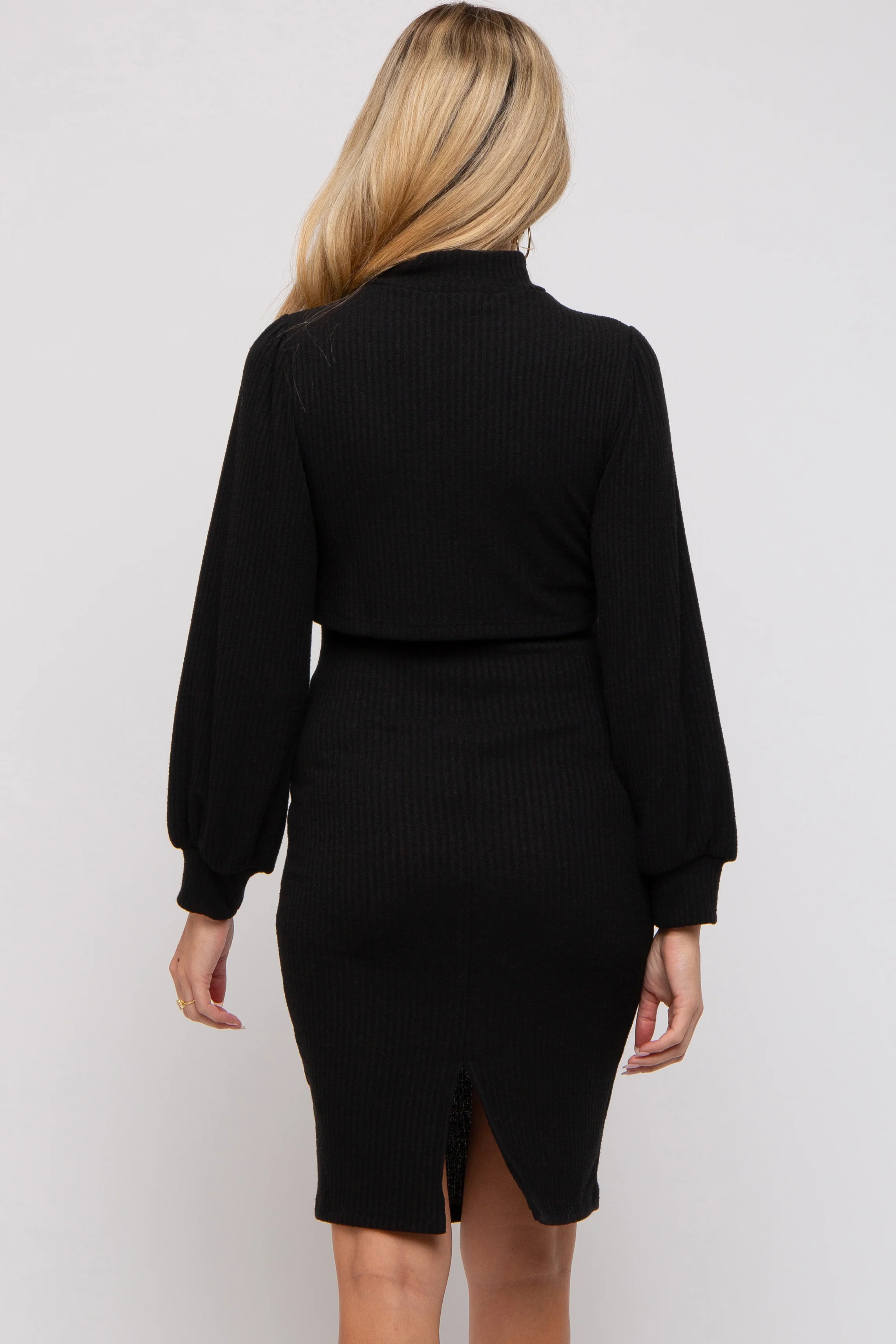 Black Rib Mock Neck Maternity Nursing Dress - Image 4