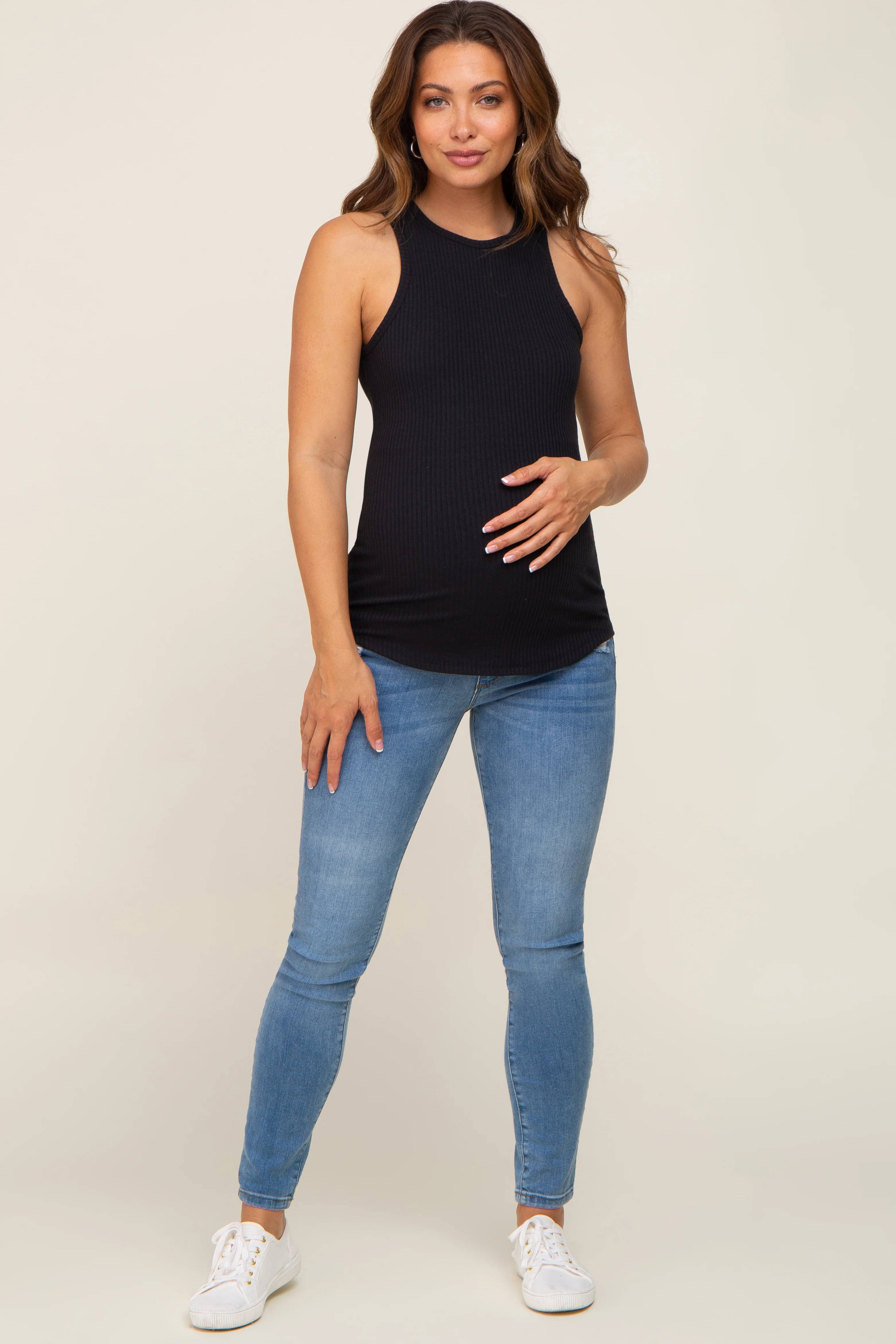 Black Ribbed Basic Maternity Tank Top - Image 4