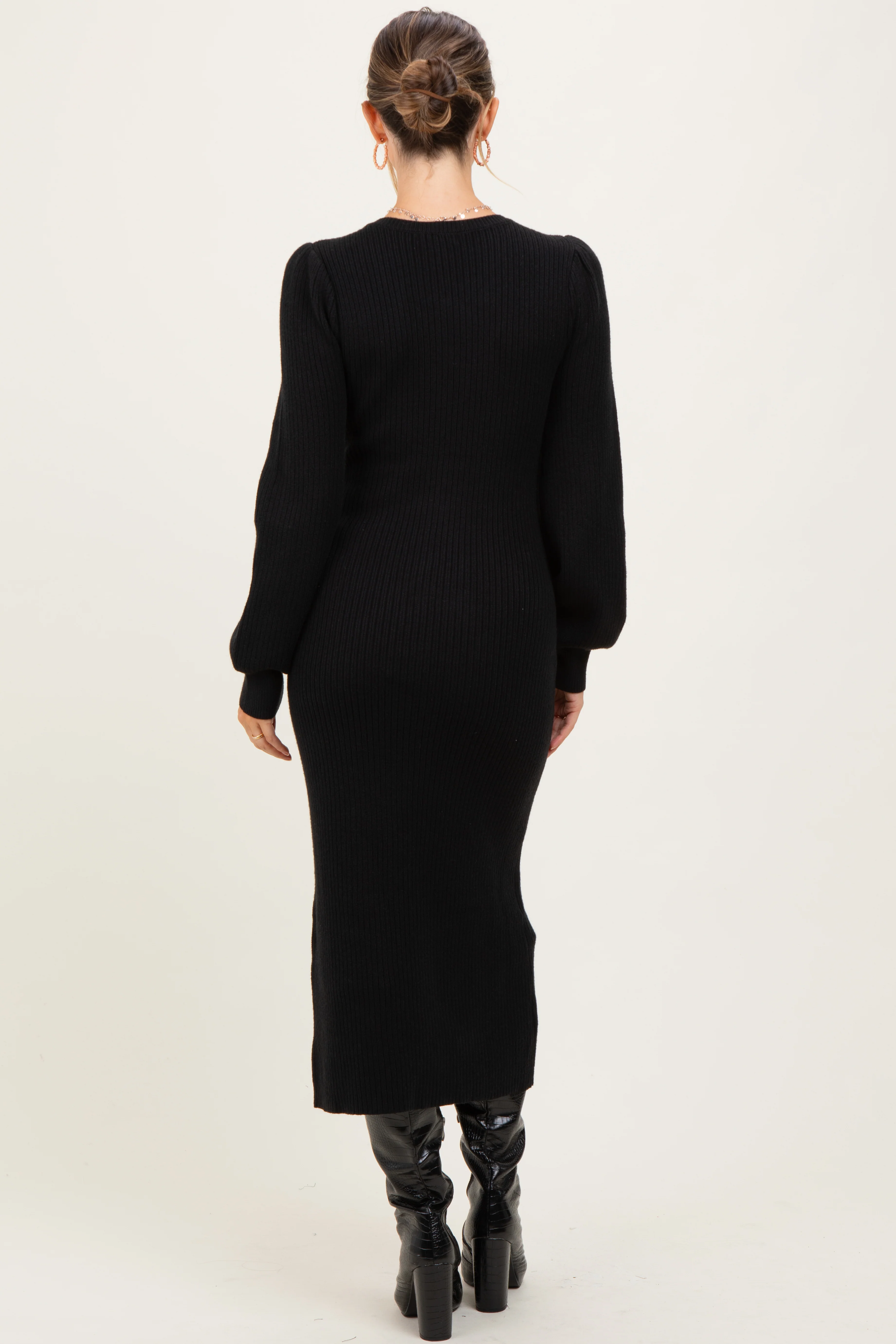 Black Ribbed Bow Detail Maternity Midi Sweater Dress - Image 4