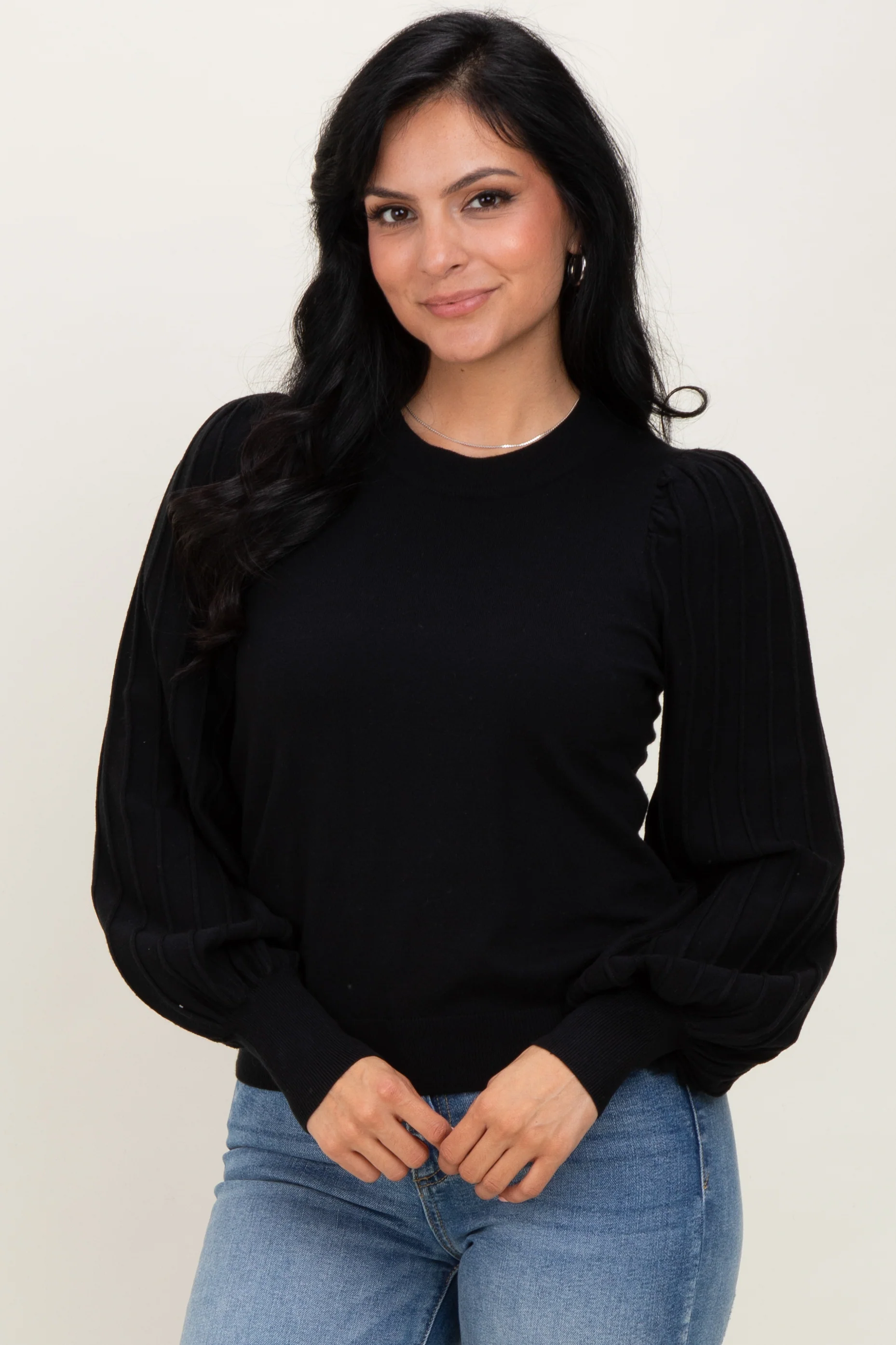 Black Ribbed Bubble Sleeve Maternity Knit Top - Image 5