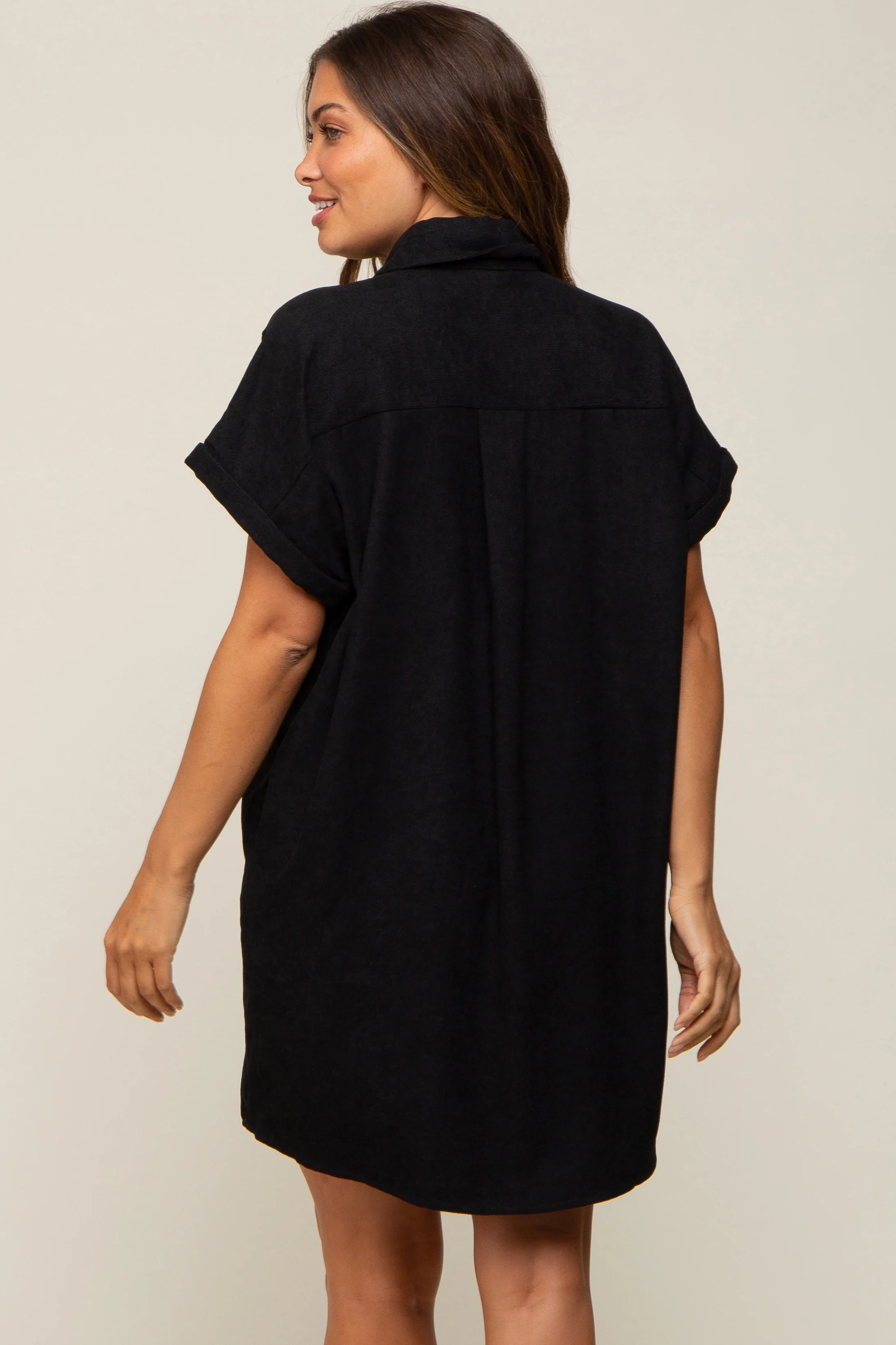Black Ribbed Button Down Maternity Mini Dress - Image 4