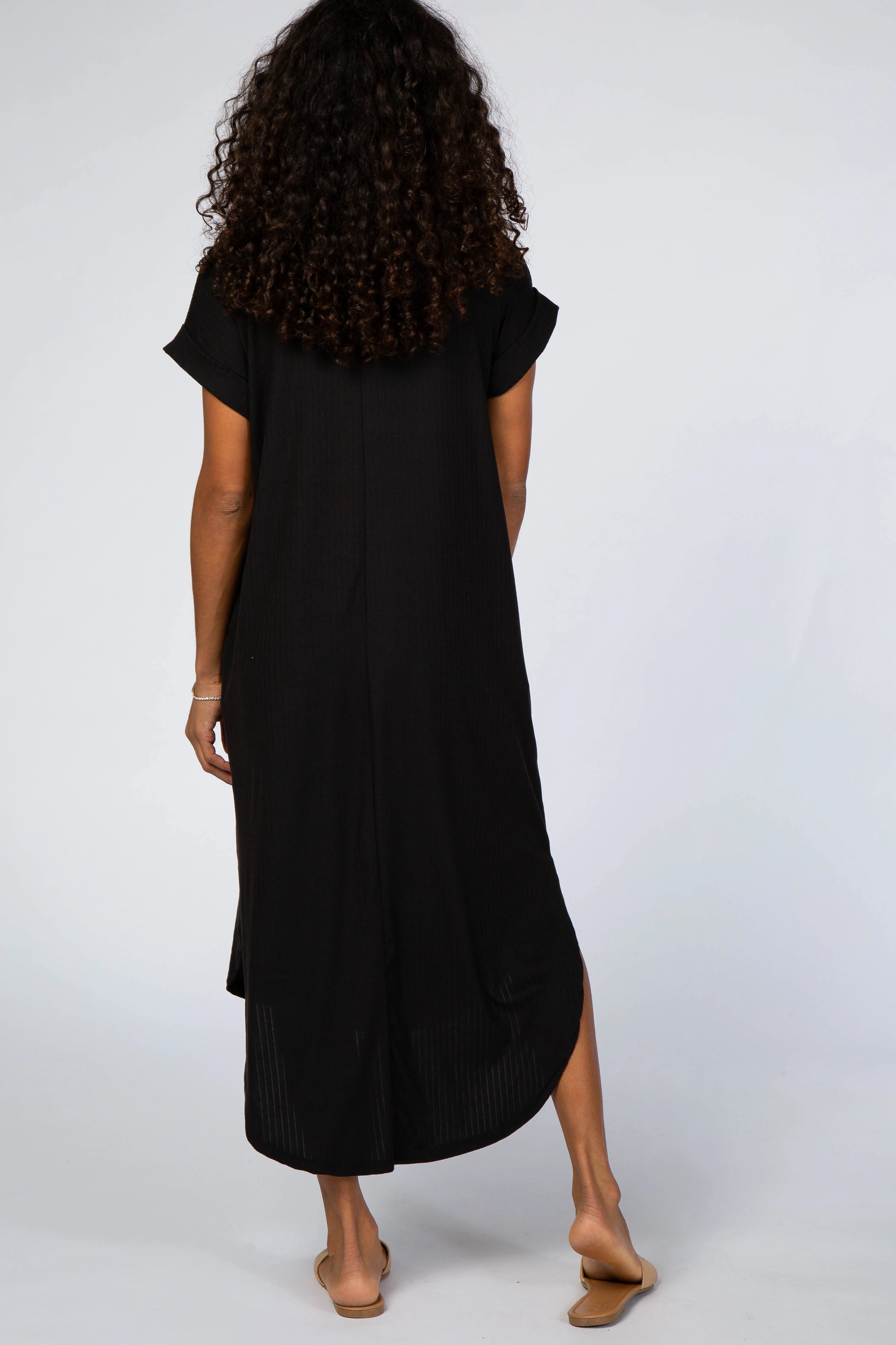 Black Ribbed Curved Hem Midi Dress - Image 3