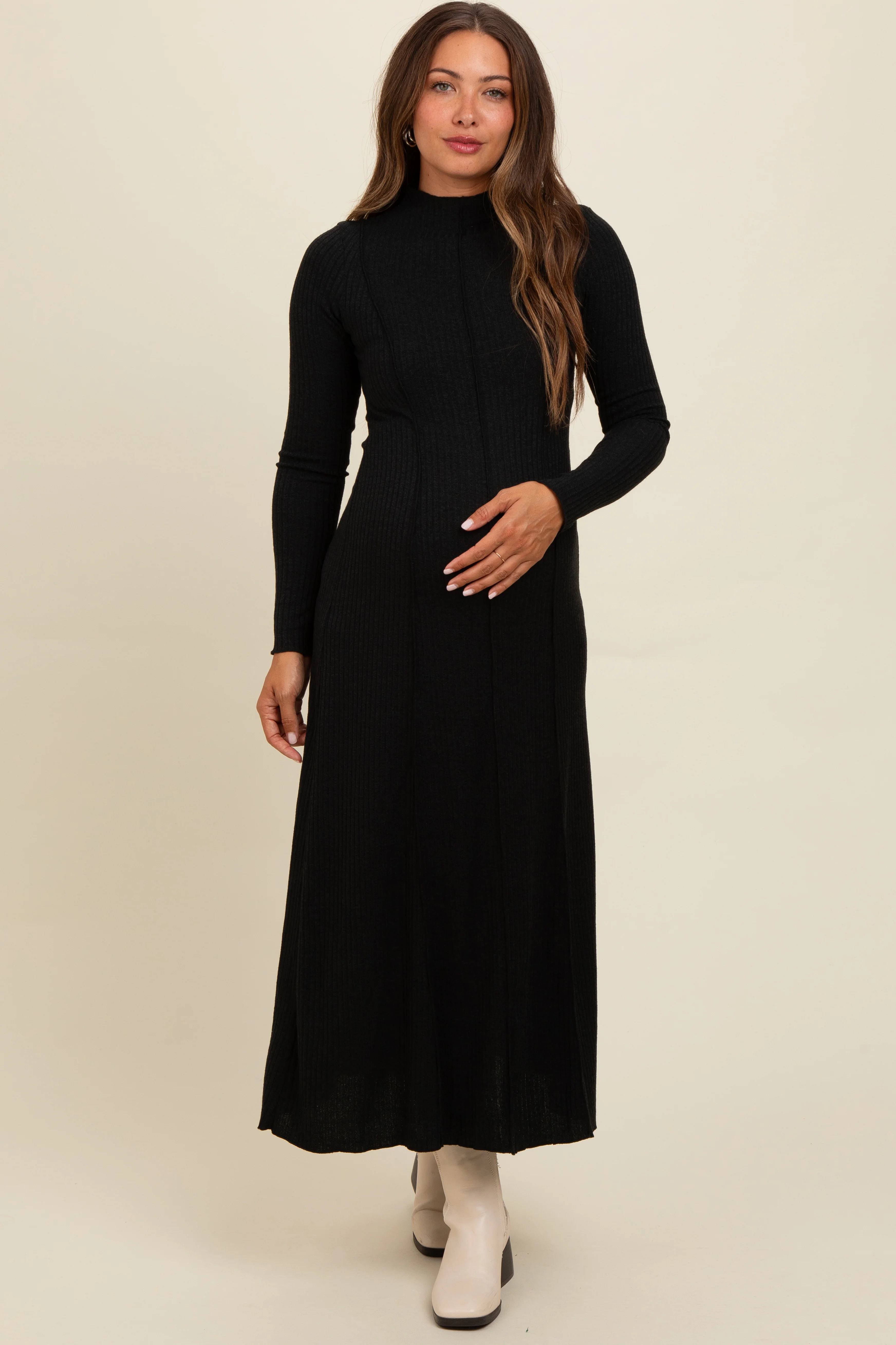 Black Ribbed Exposed Seam Mock Neck Maternity Dress - Image 2