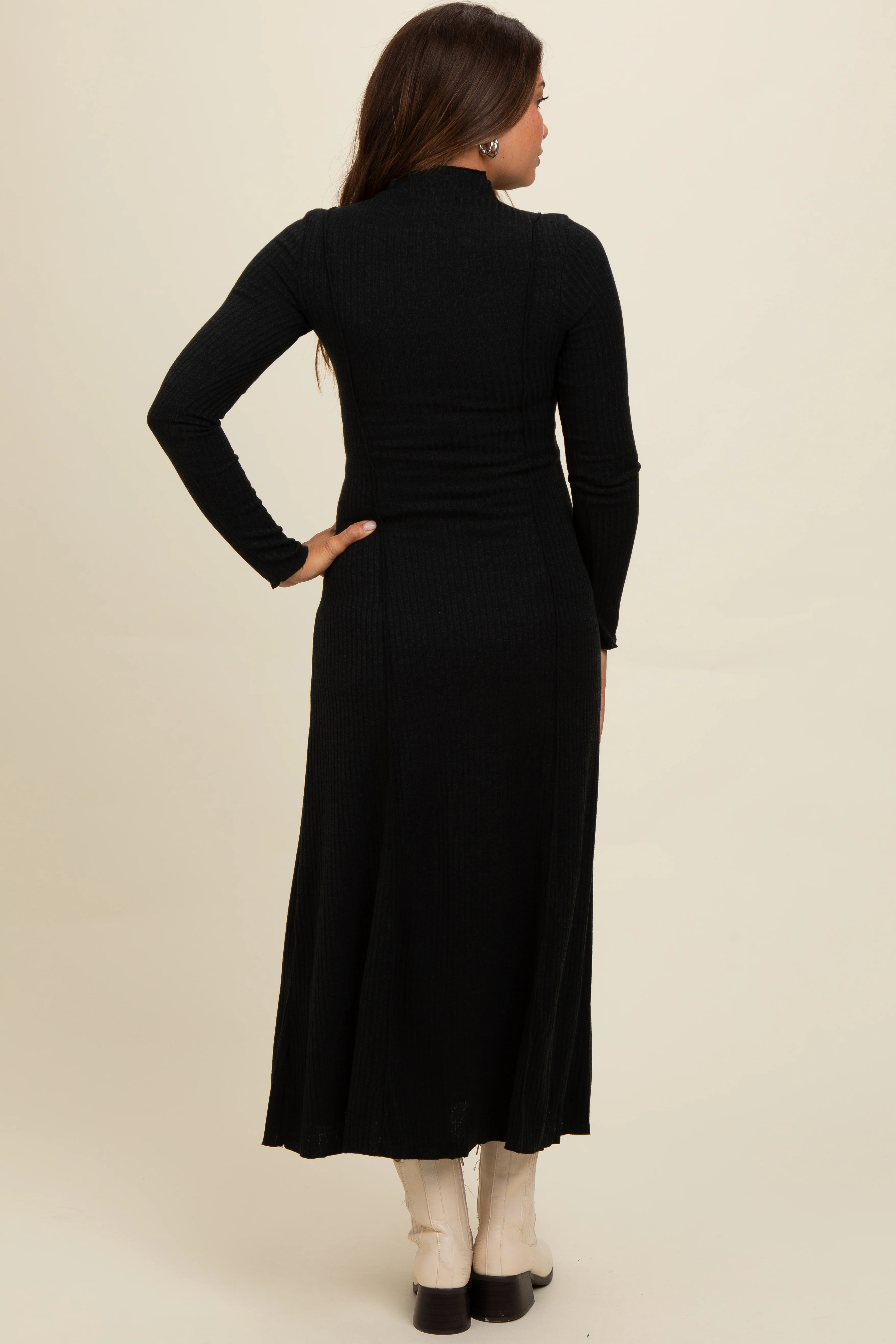 Black Ribbed Exposed Seam Mock Neck Maternity Dress - Image 4