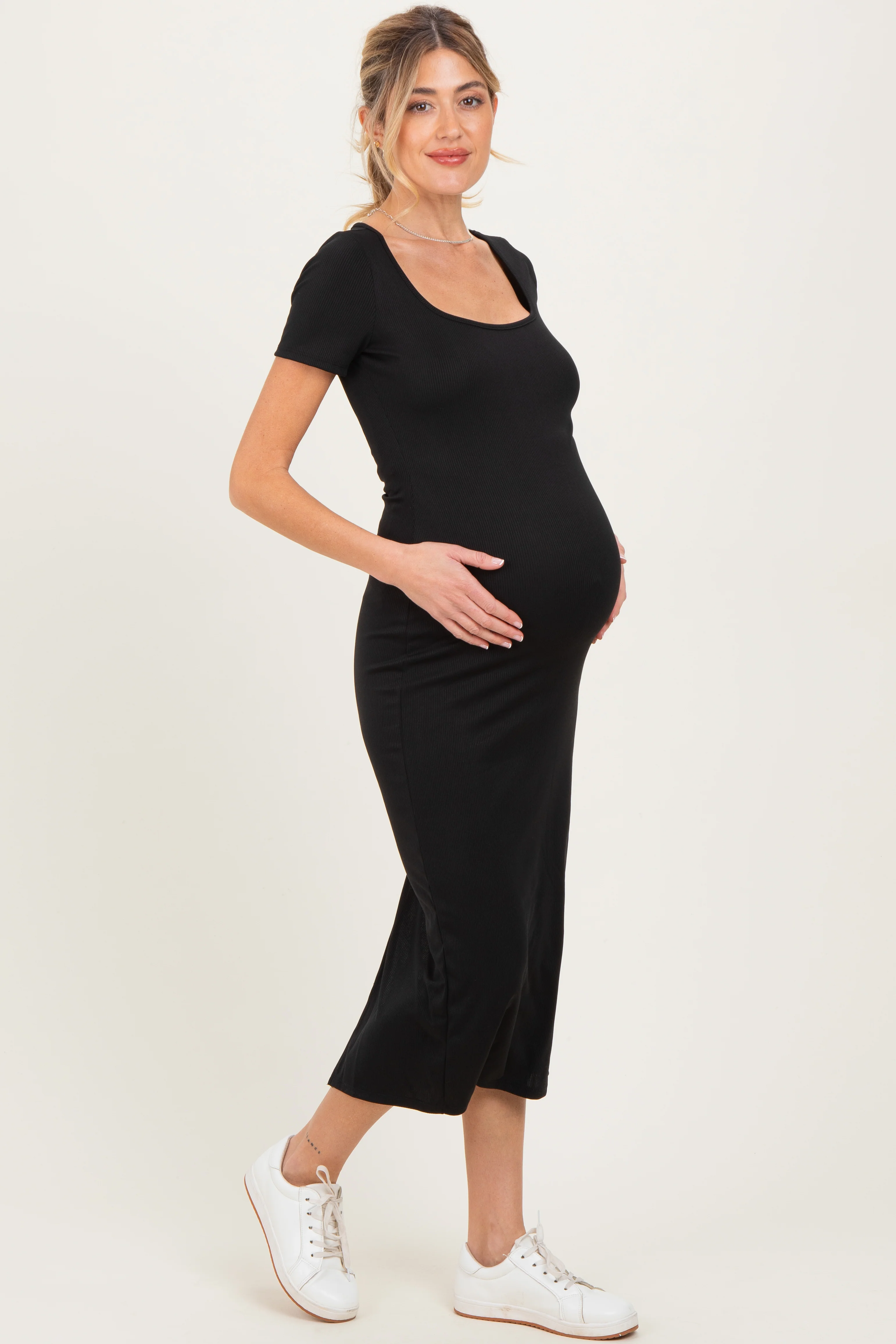 Black Ribbed Fitted Maternity Midi Dress - Image 2