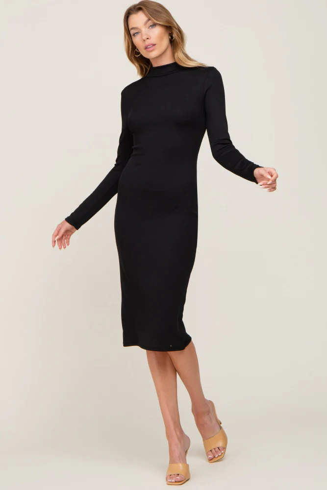 Black Ribbed Fitted Mock Neck Long Sleeve Maternity Dress - Image 6