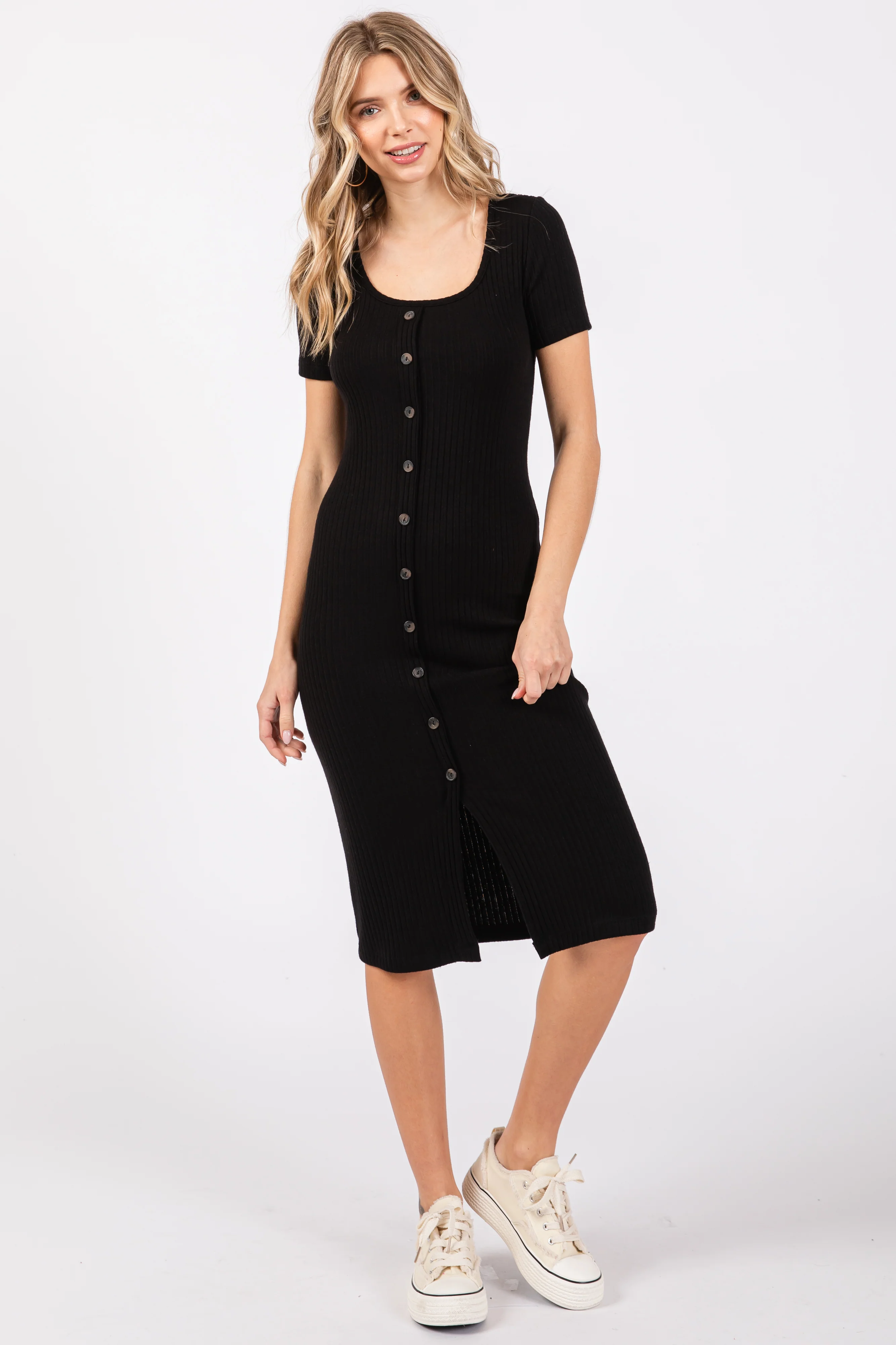 Black Ribbed Front Button Accent Short Sleeve Midi Dress - Image 4