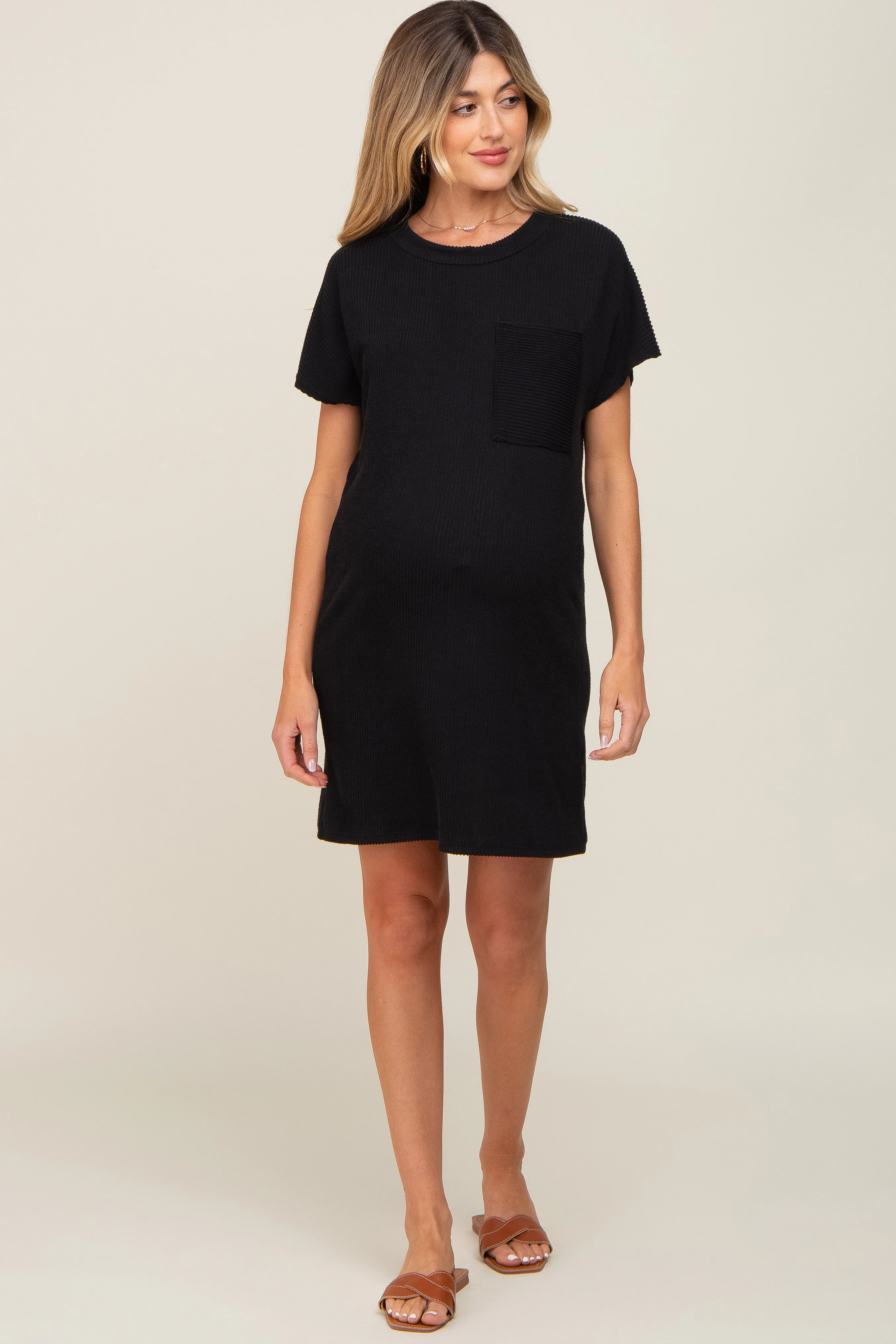 Black Ribbed Front Pocket Dolman Short Sleeve Maternity Dress - Image 4