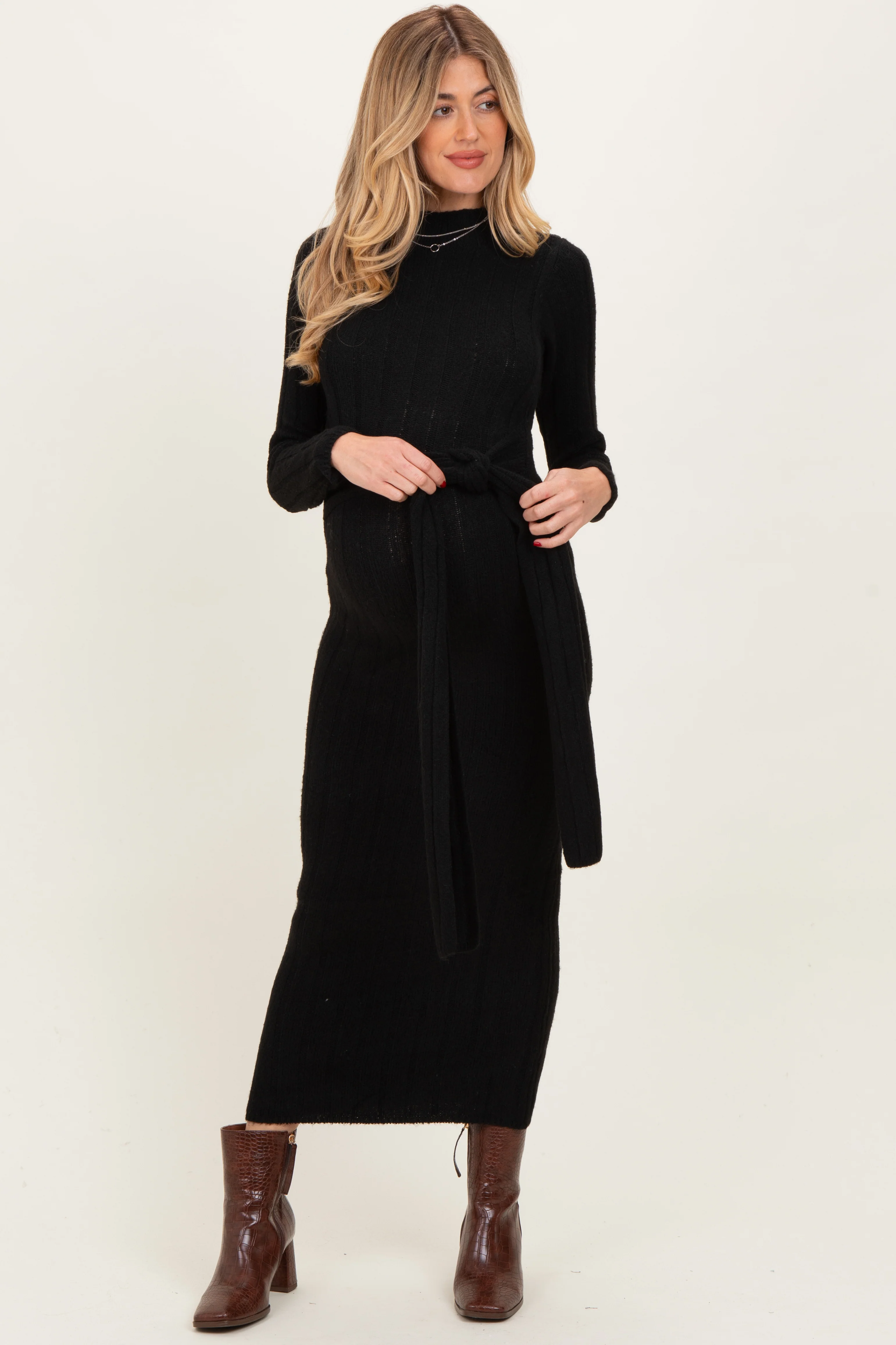 Black Ribbed Front Tie Maternity Maxi Sweater Dress