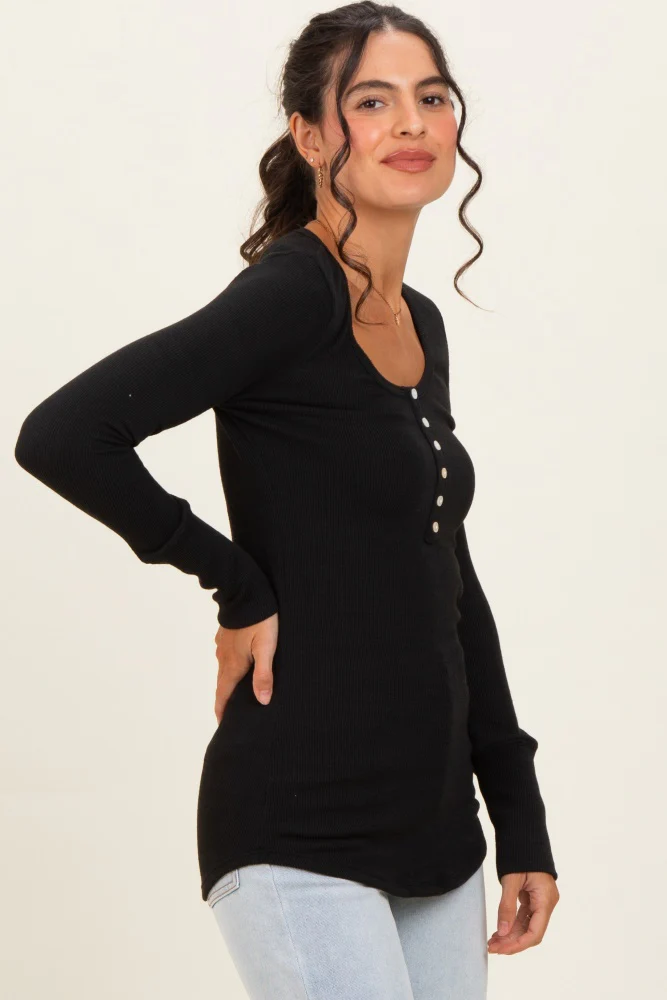 Black Ribbed Henley Top - Image 3