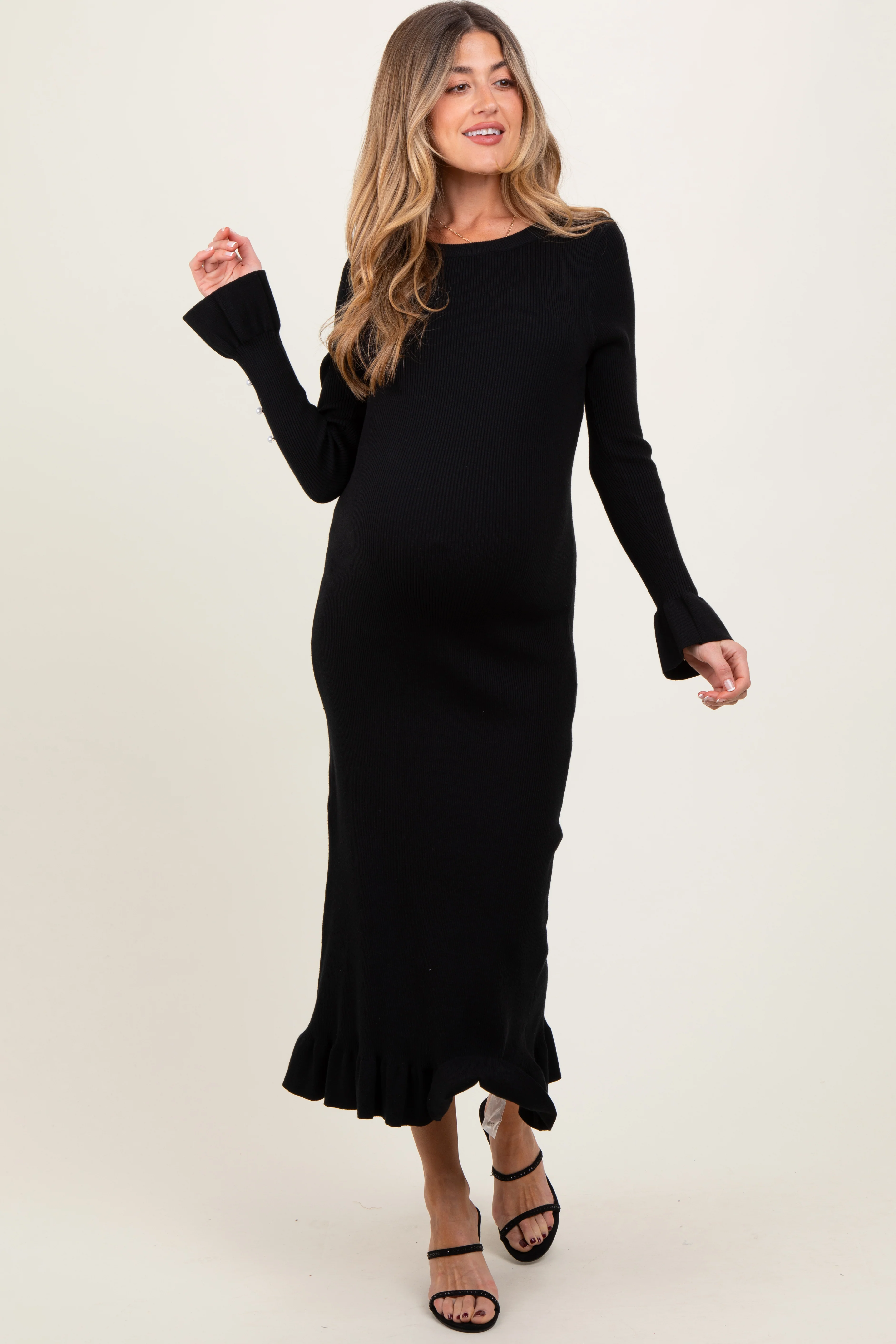 Black Ribbed Knit Bow Back Maternity Maxi Dress - Image 3