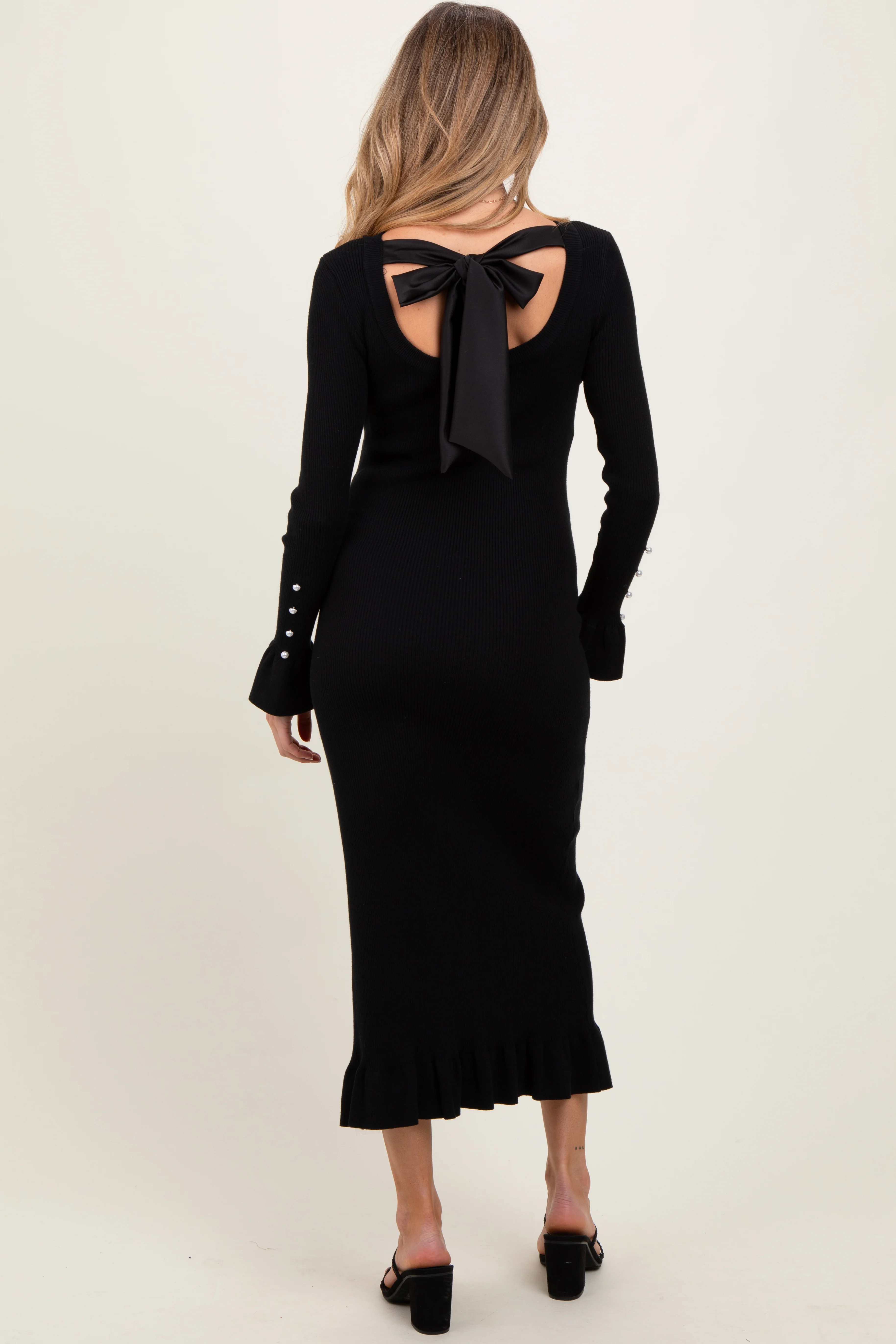 Black Ribbed Knit Bow Back Maternity Maxi Dress - Image 4