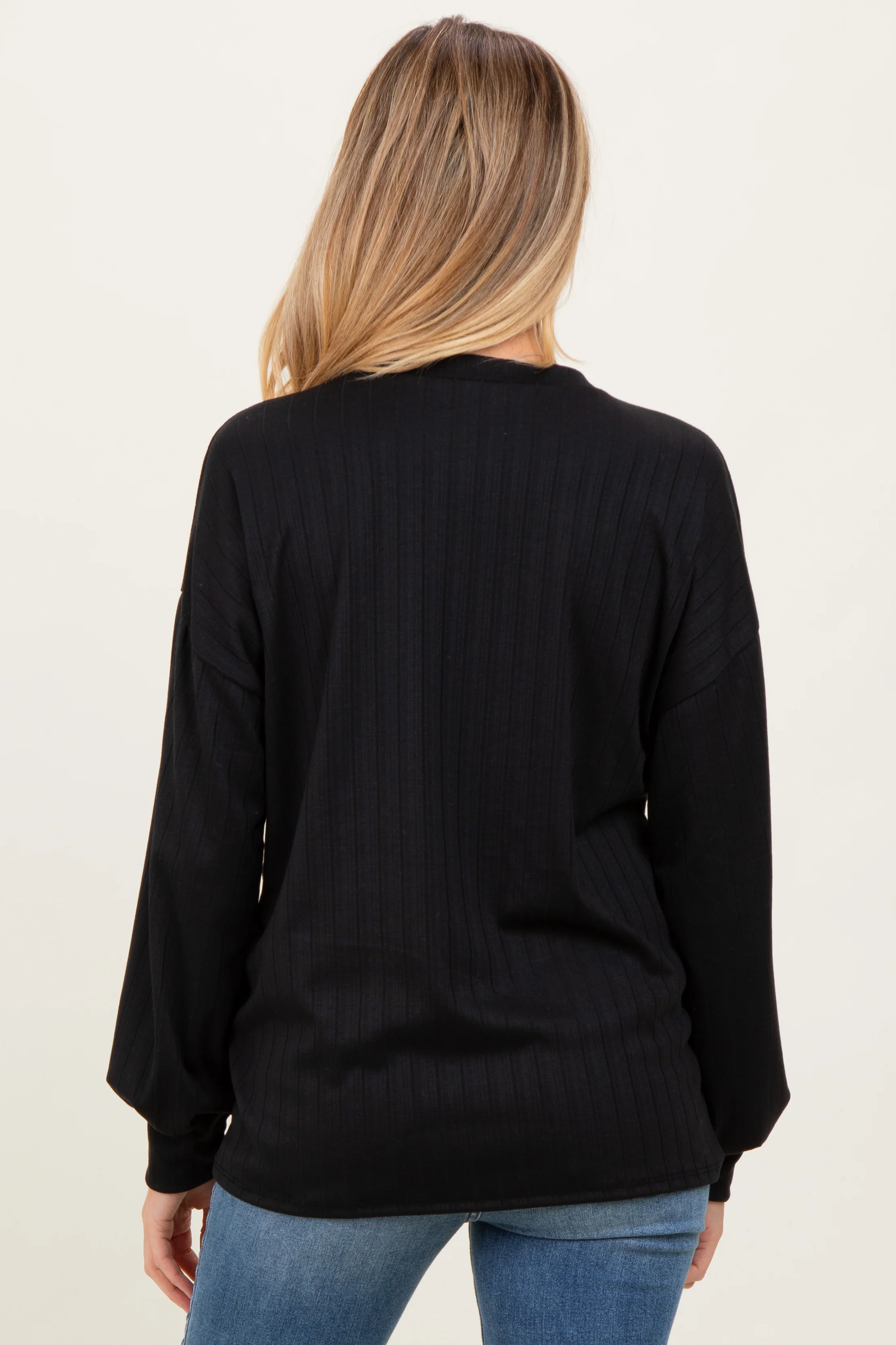 Black Ribbed Knit Bubble Sleeve Maternity Pullover Top - Image 3