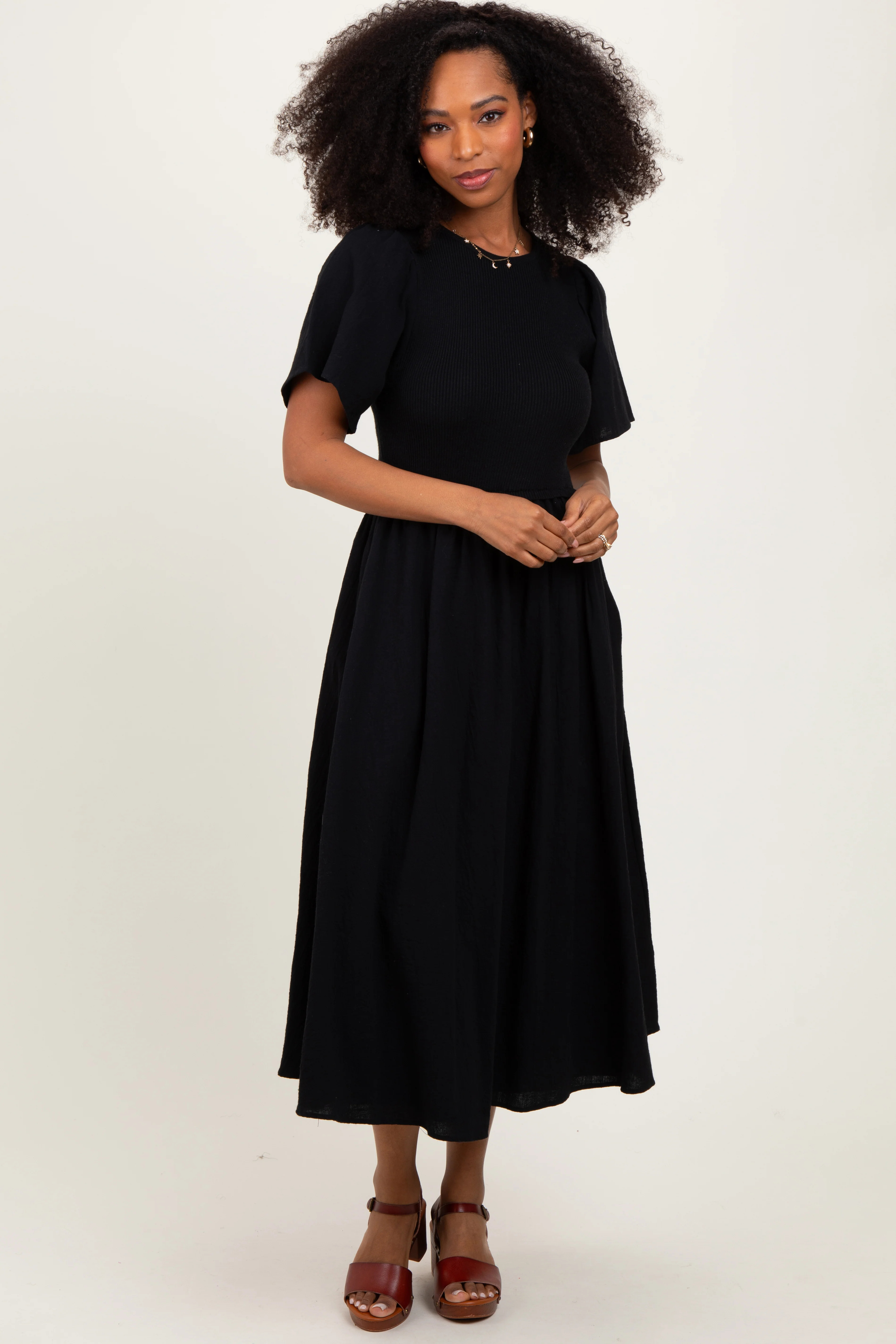 Black Ribbed Knit Contrast Top Maternity Midi Dress - Image 3