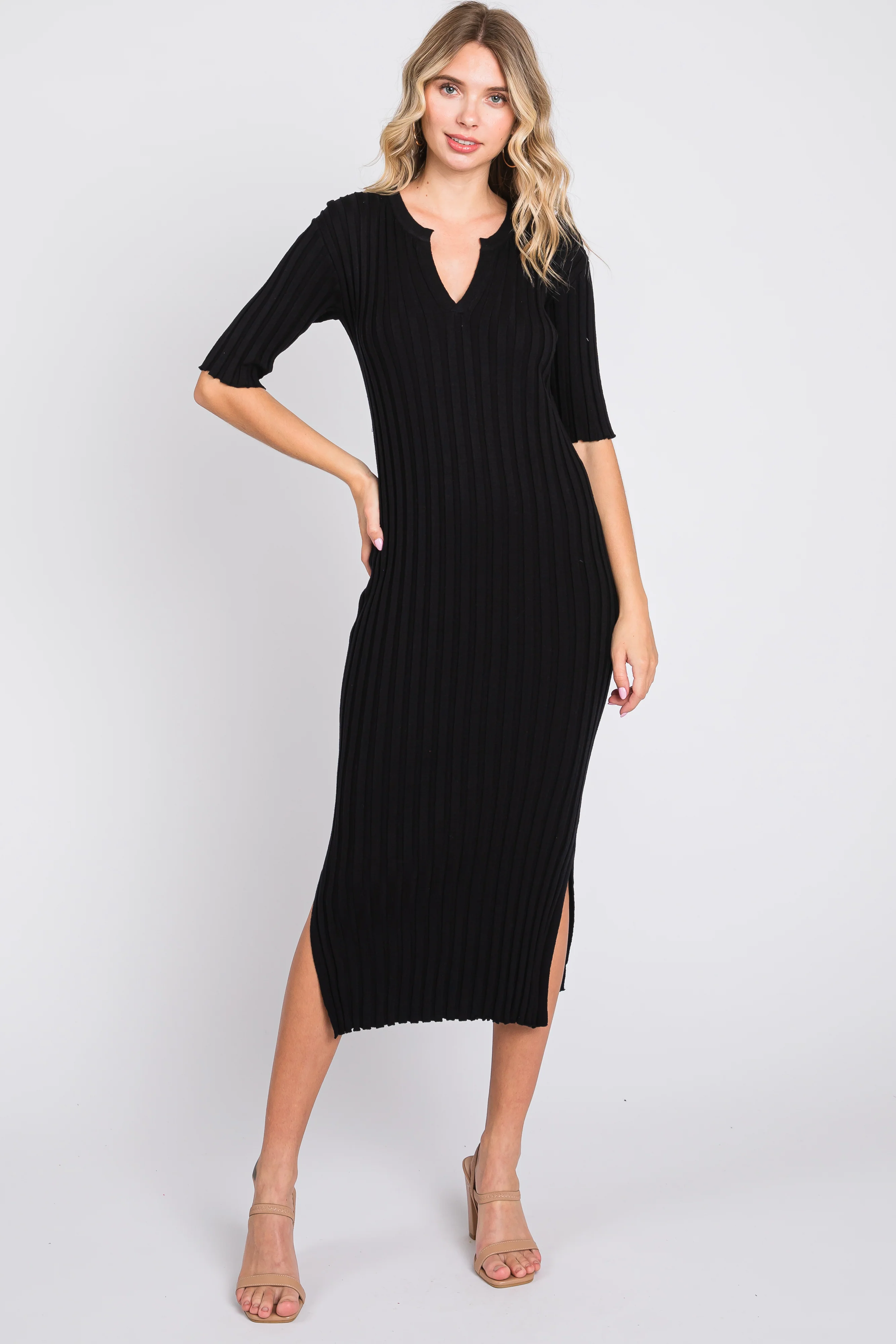 Black Ribbed Knit Maternity Midi Dress - Image 6