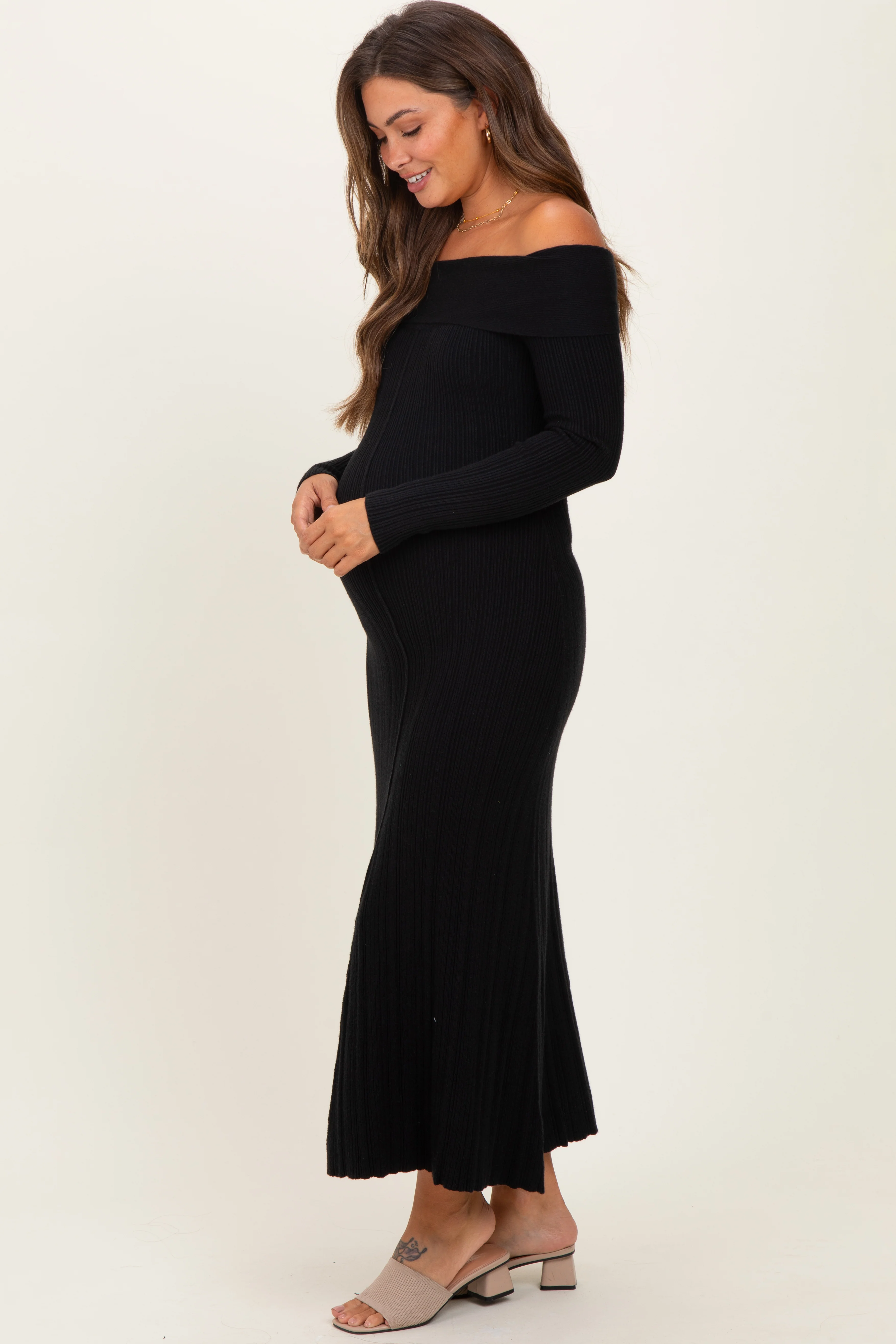Black Ribbed Knit Off Shoulder Maternity Midi Dress - Image 3
