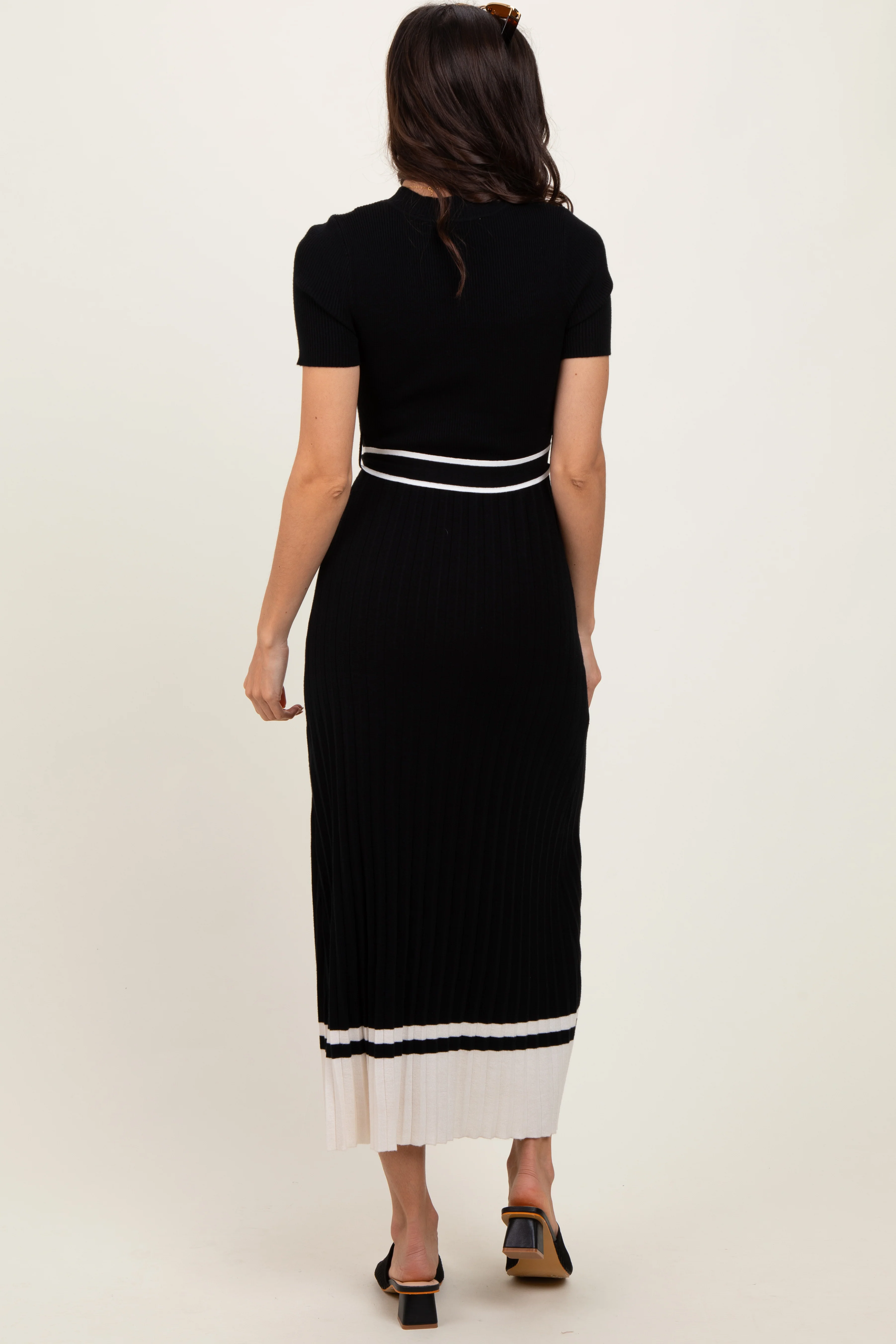 Black Ribbed Knit Pleated Midi Dress - Image 4