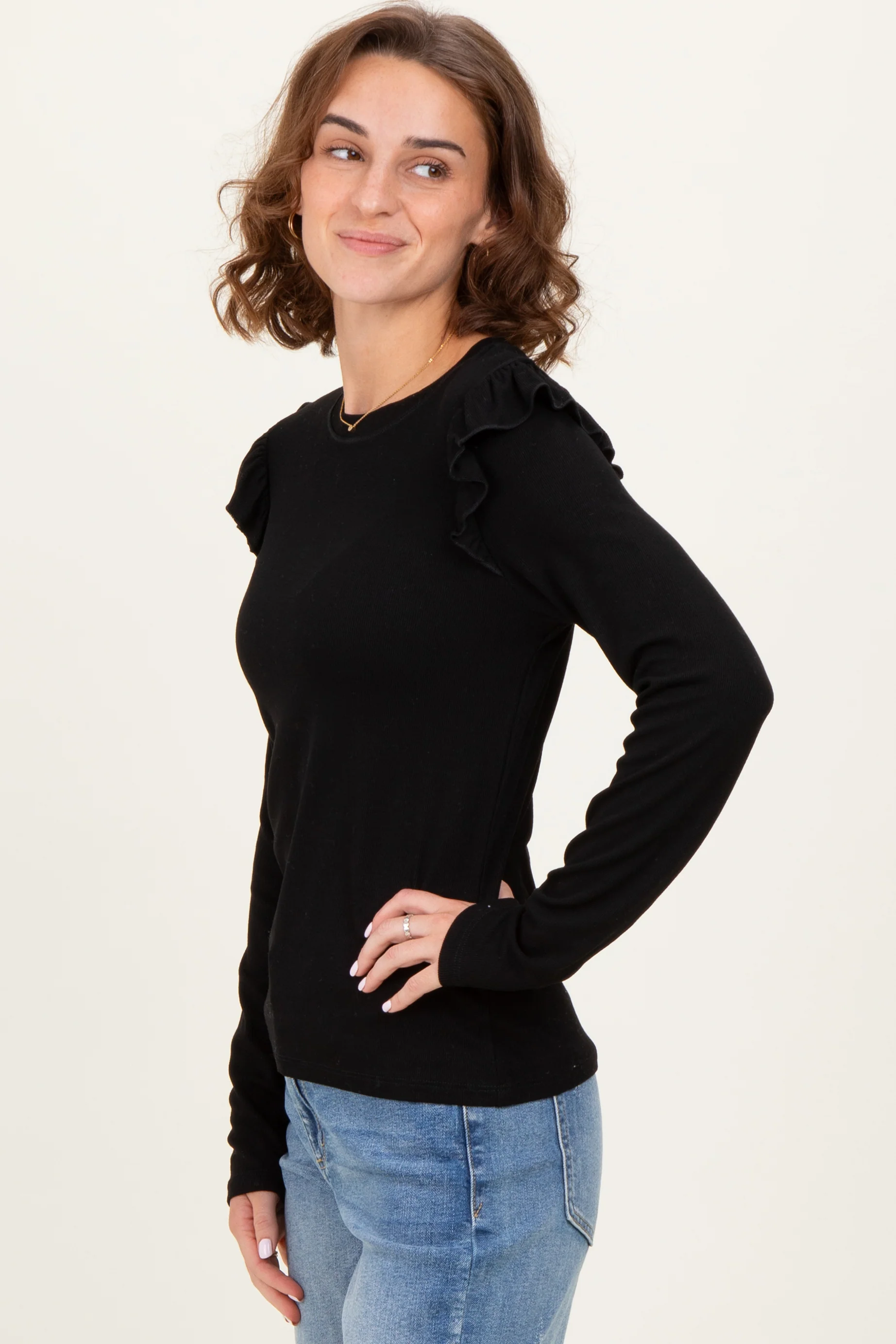 Black Ribbed Knit Ruffle Detail Long Sleeve Top - Image 3