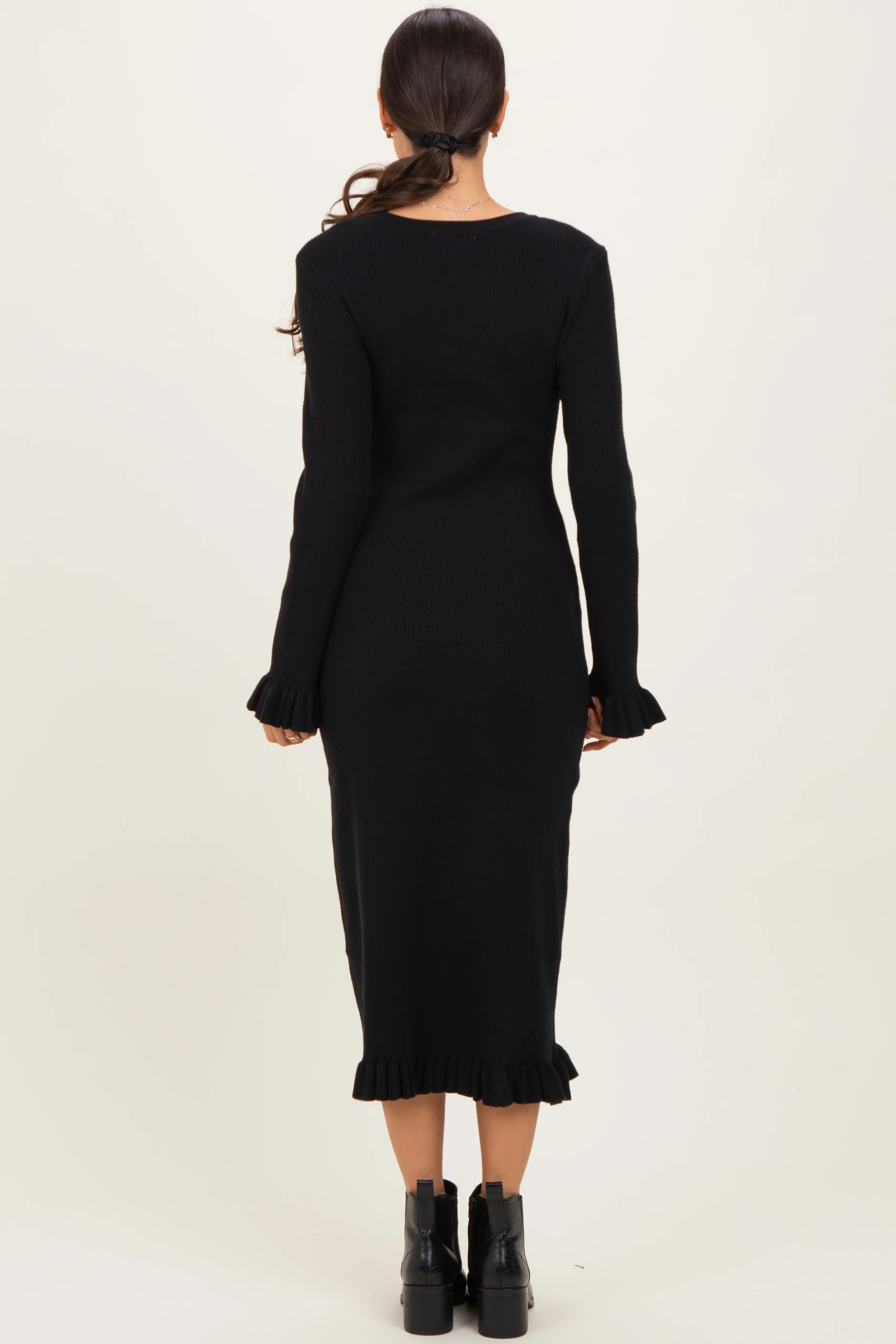 Black Ribbed Knit Ruffle Trim Midi Sweater Dress - Image 3