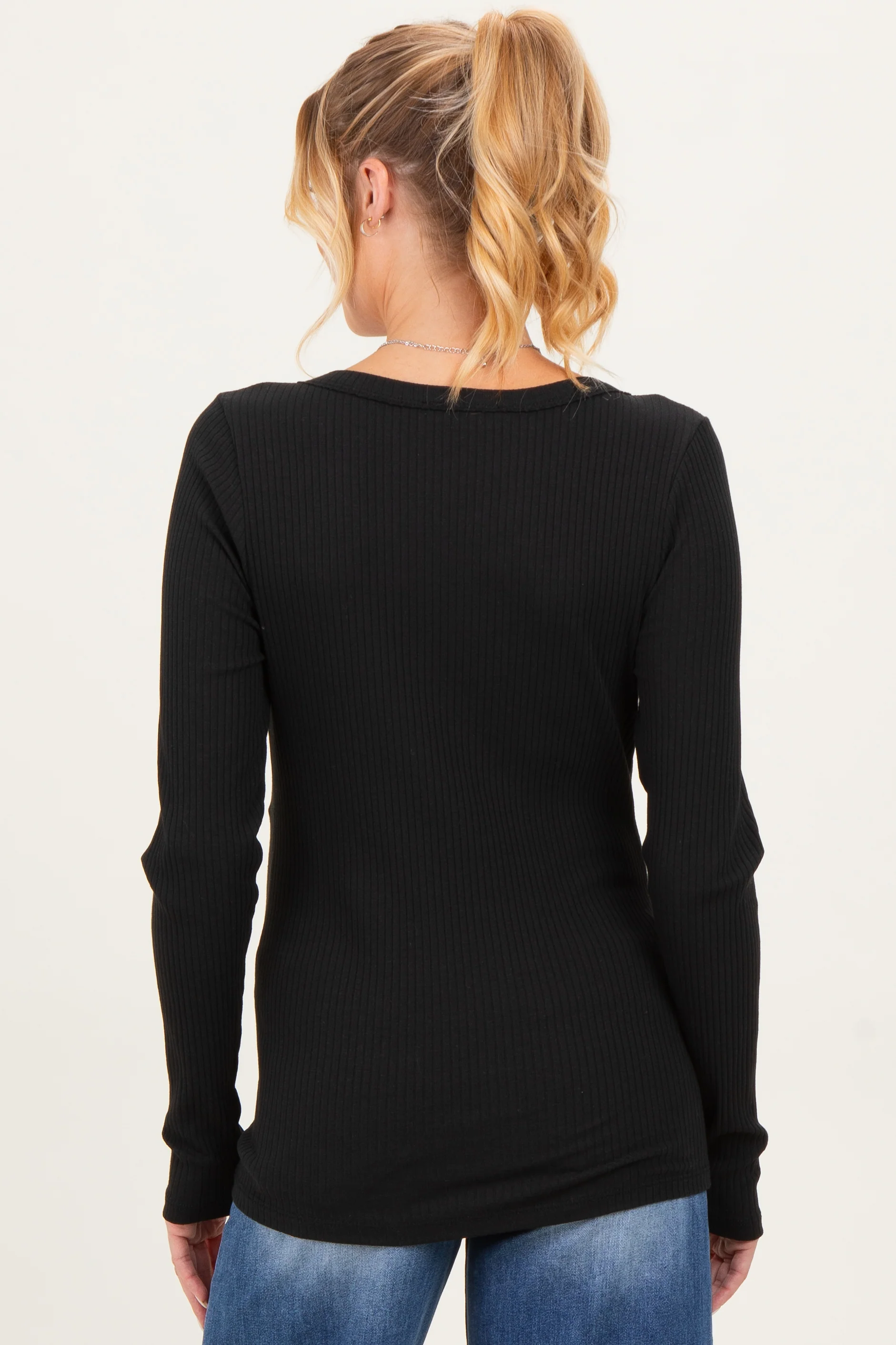 Black Ribbed Long Sleeve Button Town Maternity Top - Image 4