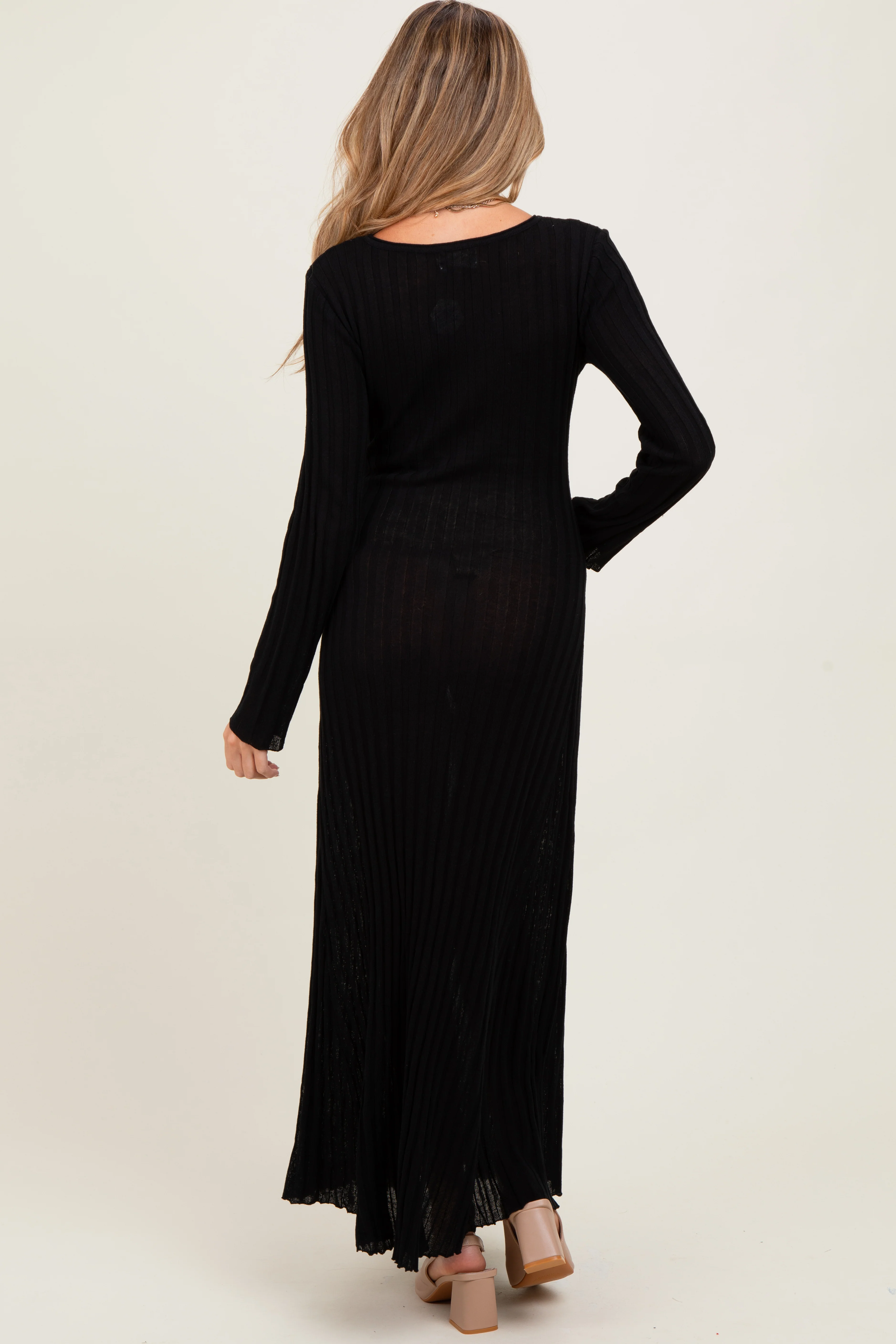 Black Ribbed Long Sleeve Maternity Maxi Dress - Image 3