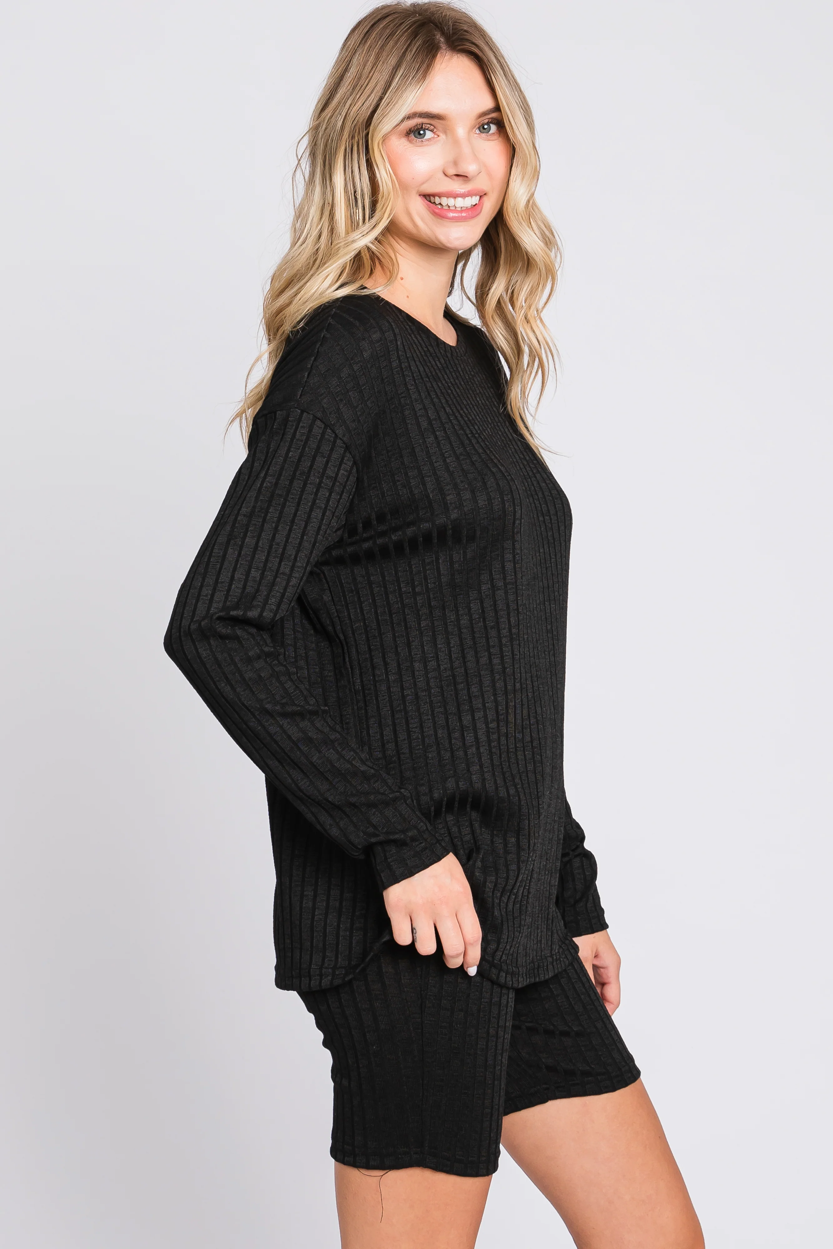 Black Ribbed Long Sleeve Shorts Set - Image 3
