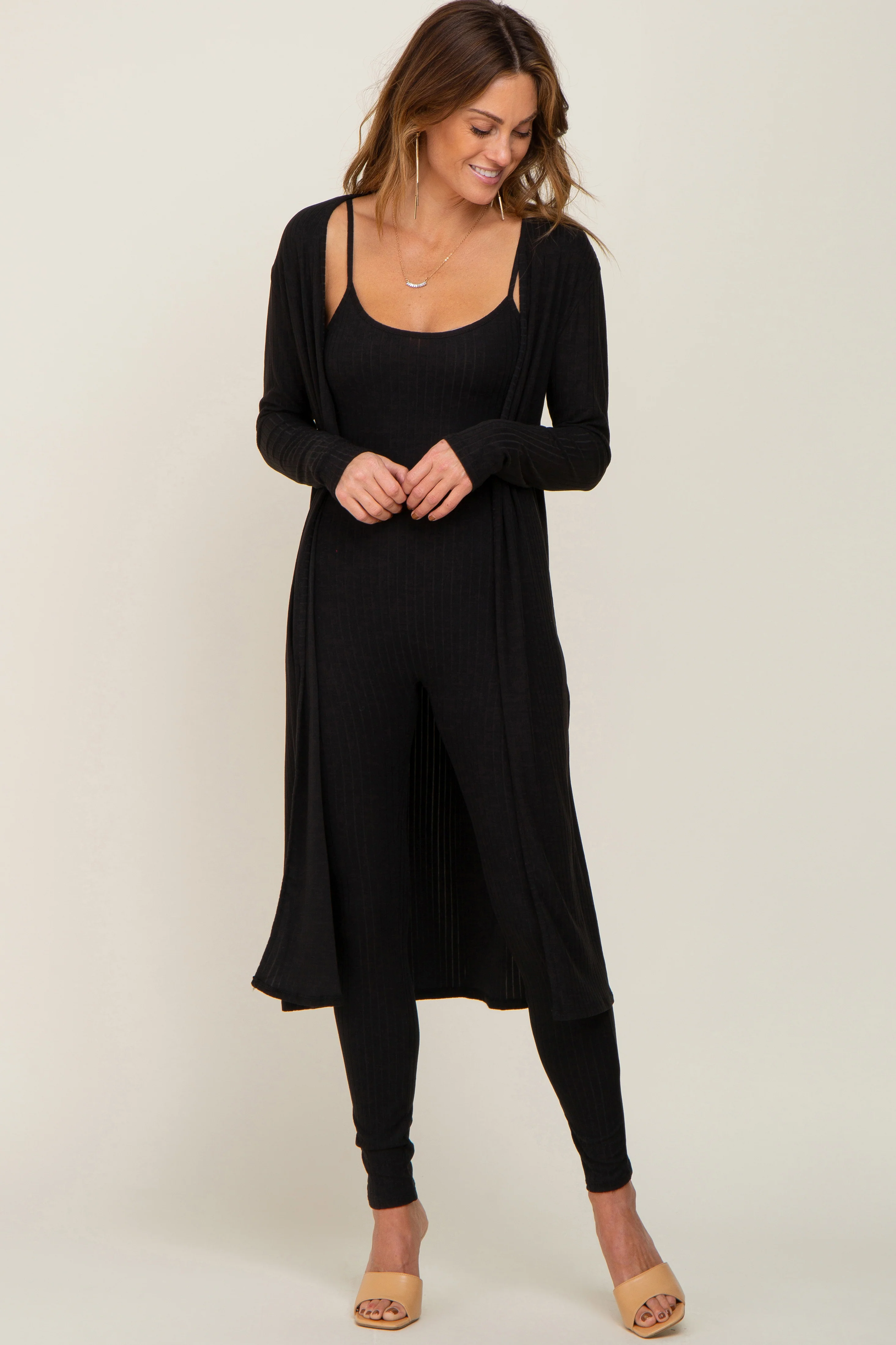 Black Ribbed Maternity Jumpsuit Two Piece Set - Image 14