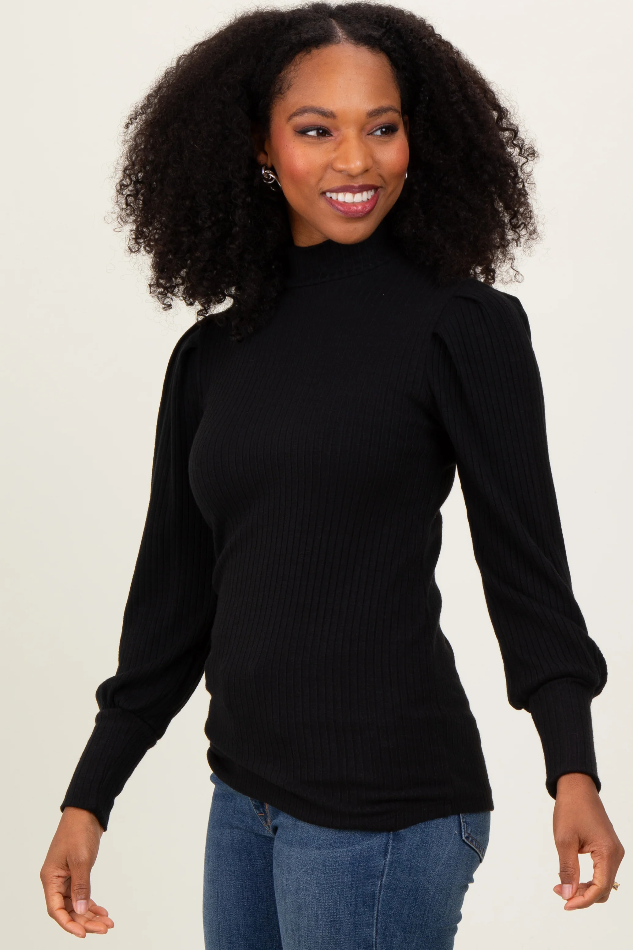 Black Ribbed Mock Neck Bubble Sleeve Top - Image 3
