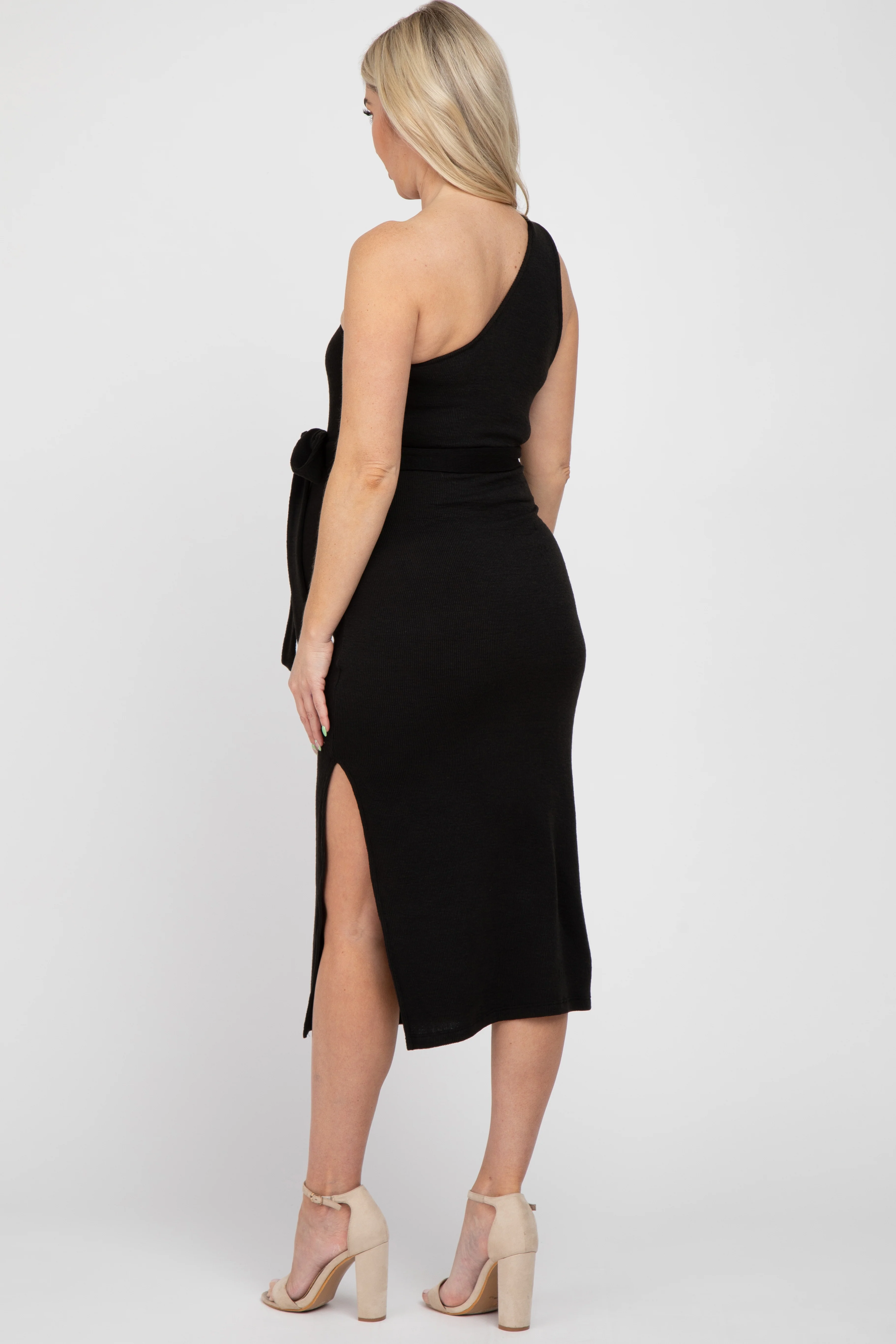 Black Ribbed One Shoulder Side Slit Maternity Midi Dress - Image 3