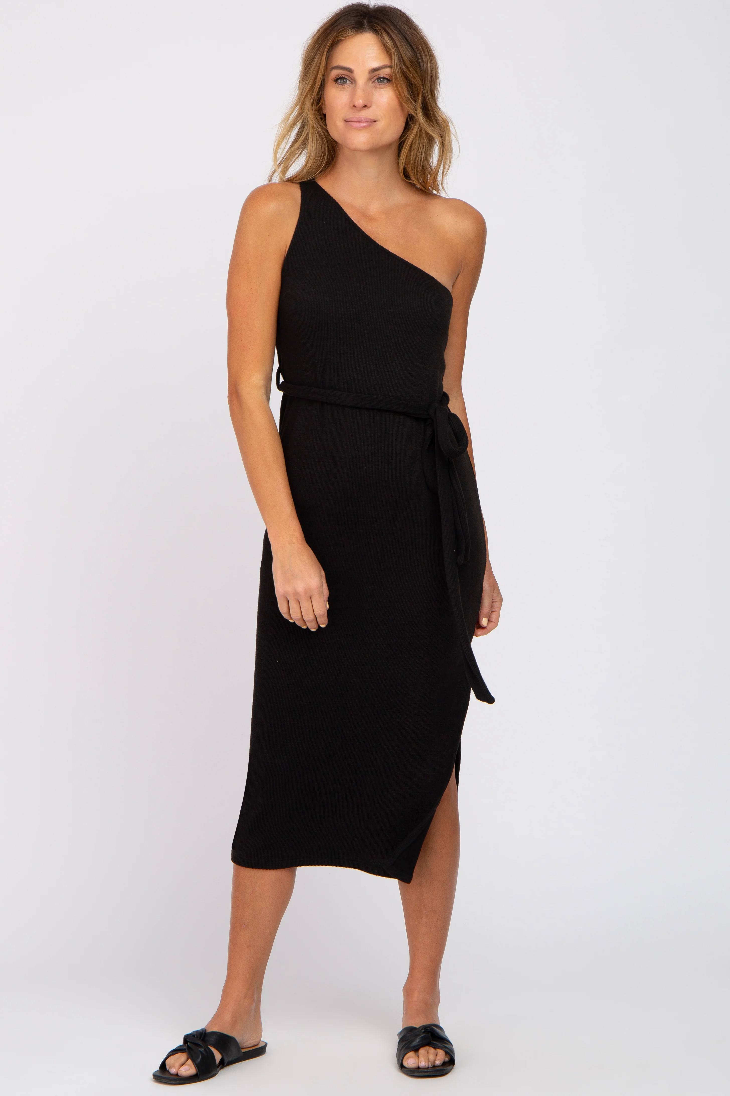 Black Ribbed One Shoulder Side Slit Maternity Midi Dress - Image 4