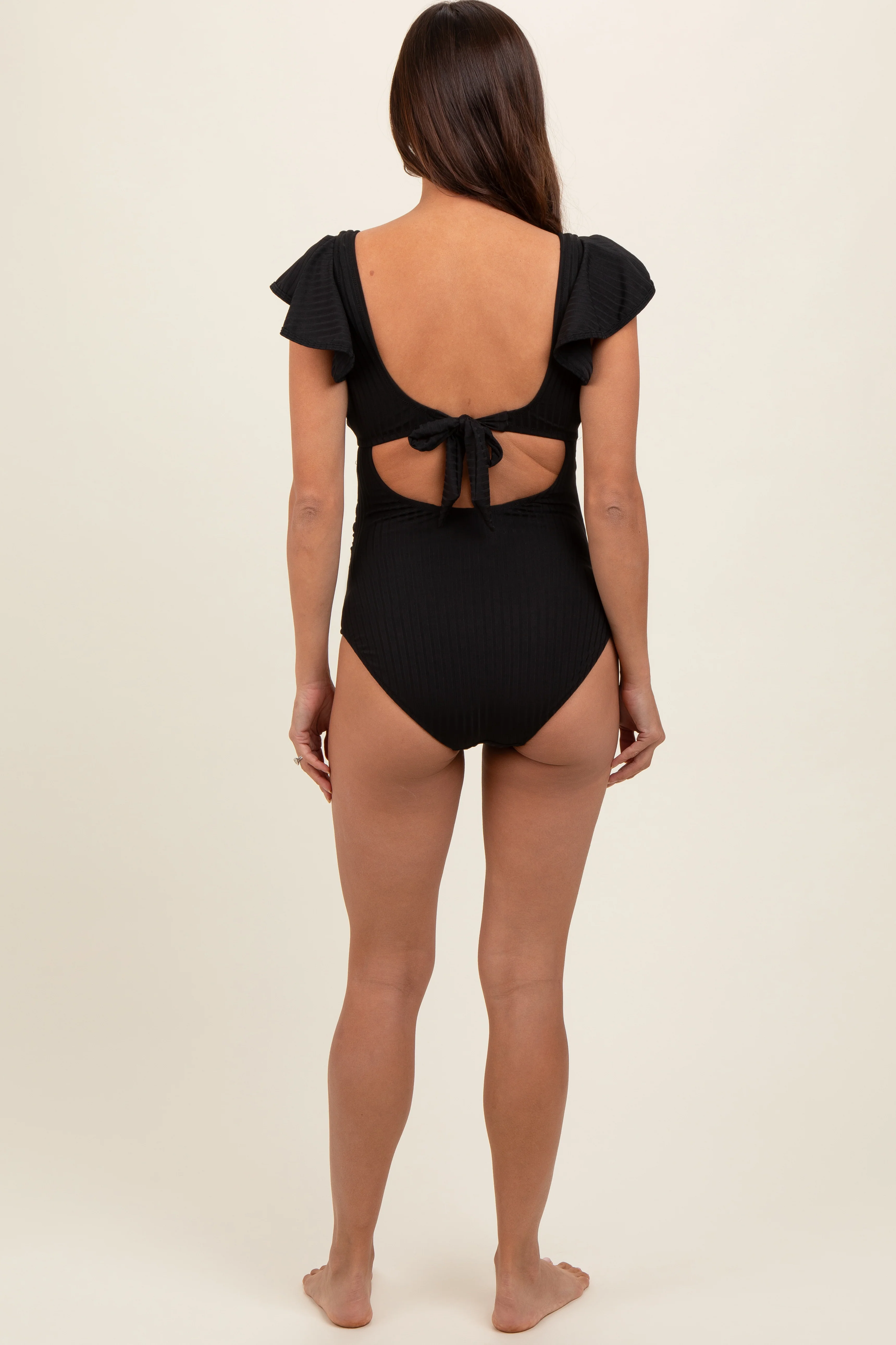 Black Ribbed Ruched Cutout Flutter One Piece Maternity Swimsuit - Image 5