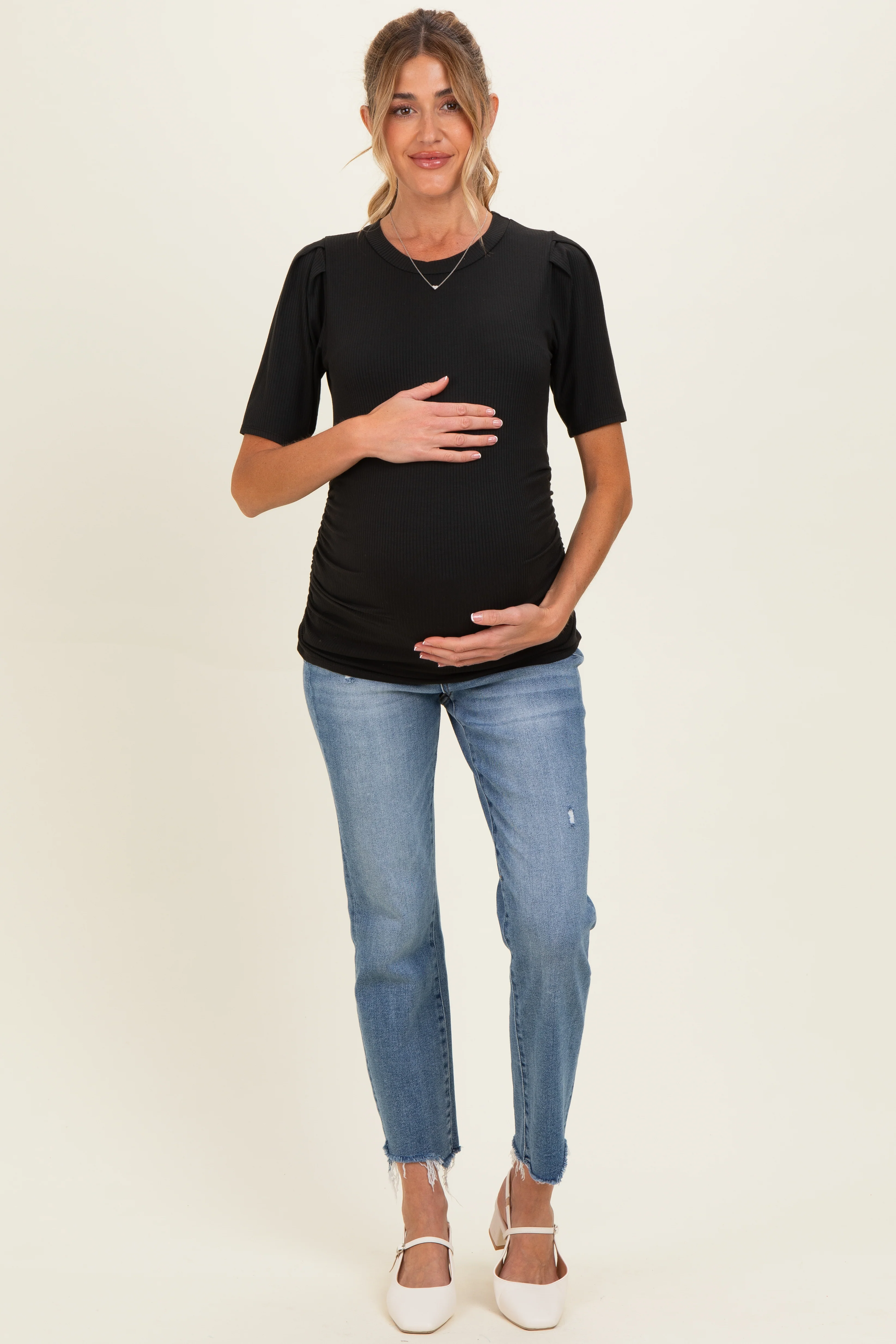 Black Ribbed Ruched Fitted Maternity Top - Image 2