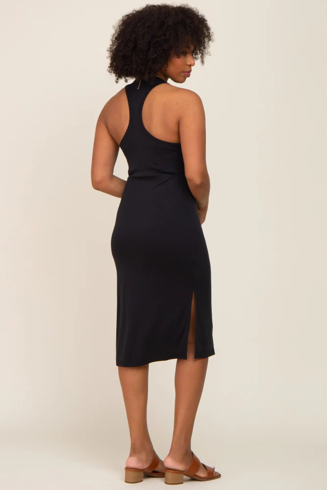 Black Ribbed Side Slit Midi Dress - Image 3