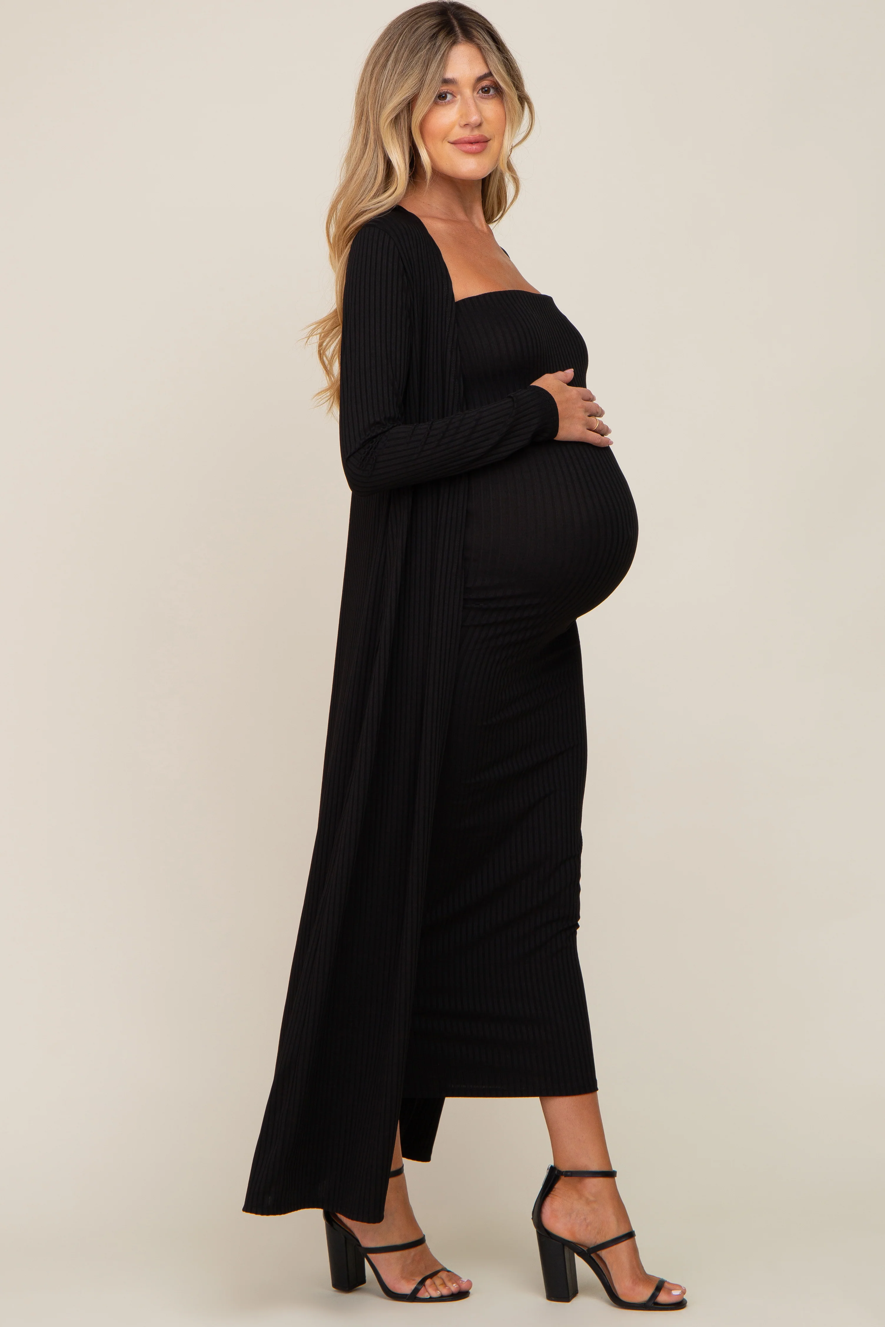Black Ribbed Sleeveless Dress Cardigan Maternity Set - Image 2