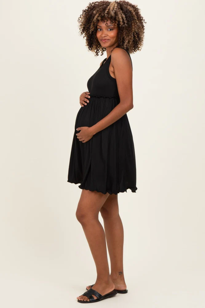 Black Ribbed Sleeveless Lettuce Trim Maternity Mini Dress - Image 3