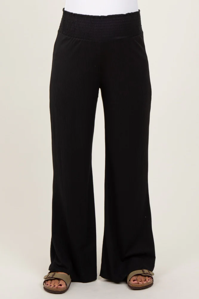 Black Ribbed Smocked Waistband Wide Leg Maternity Pants - Image 3