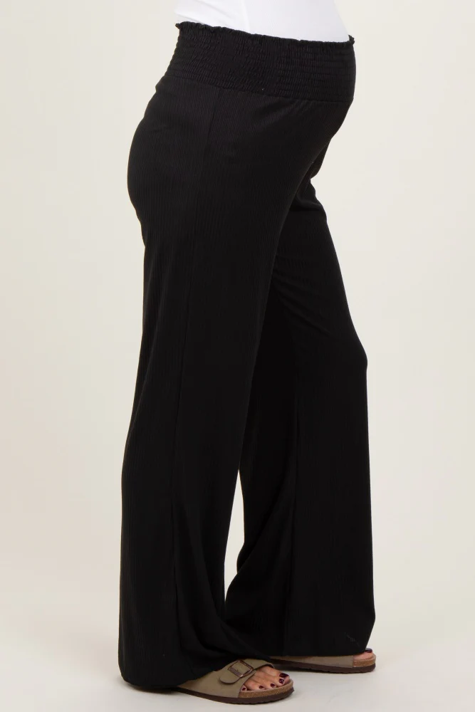Black Ribbed Smocked Waistband Wide Leg Maternity Pants - Image 4