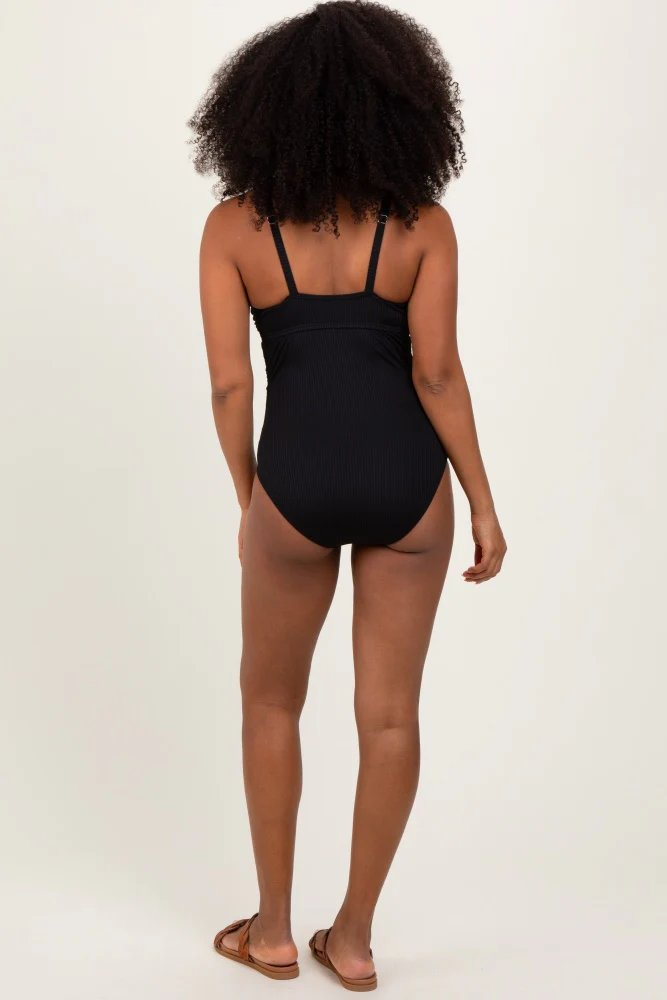 Black Ribbed Split Neckline Swimsuit - Image 4