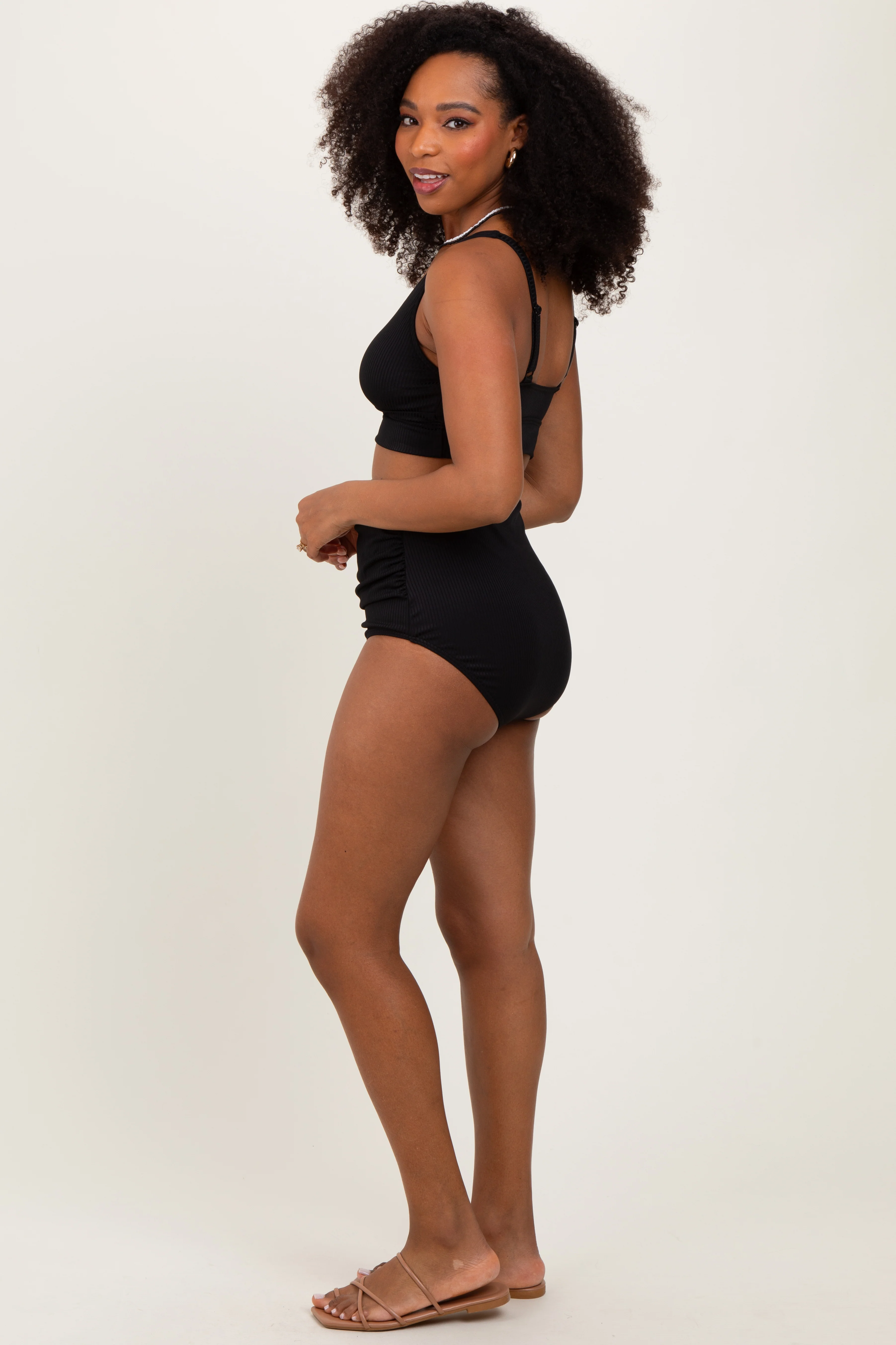 Black Ribbed Twist Cutout Front Swim Set - Image 3