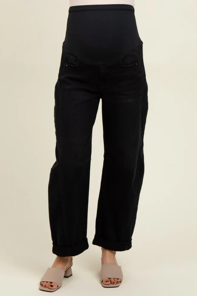Black Rolled Cuff Barrel Leg Maternity Jeans - Image 4